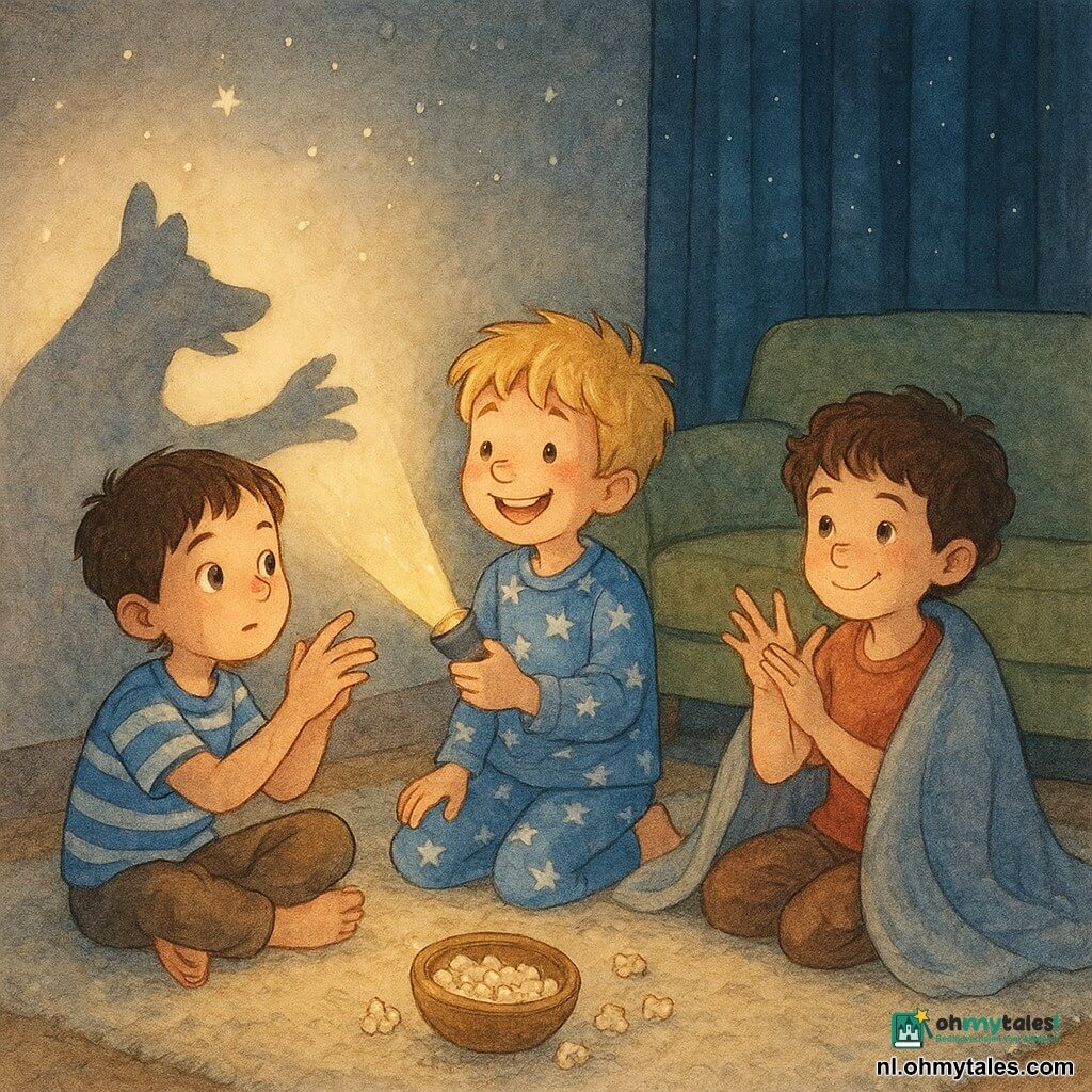 Drie jongens (ongeveer 7–8 jaar): links een kastanjebruin kortharig jongetje in een gestreept blauw T‑shirt en comfortabele broek, zittend op het tapijt en met zijn handen een honden­schaduw makend naar de muur; in het midden een blond, warrig kapsel jongetje in sterrenspyjama dat een kleine zaklamp vasthoudt en lacht terwijl hij een warm licht op de muur richt; rechts een krullend bruinharig jongetje in een rood T‑shirt, een beetje verlegen maar glimlachend onder een deken en met zijn handen een konijn imiterend, dichtbij de anderen. Gezellige avond in een woonkamer met dik crème tapijt, olijfgroene bank, donkerblauwe fluwelen gordijnen, sterrenlamp die phosphorescerende stippen op het plafond projecteert, stapeltjes kleurrijke kussens en een salontafel met een licht omgevallen bak popcorn; de kinderen maken heldere, speelse dierensilhouetten op de muur, warme en geruststellende sfeer ondanks de duisternis, zachte lichtspelingen en uitdrukkingen van verwondering en kameraadschap.