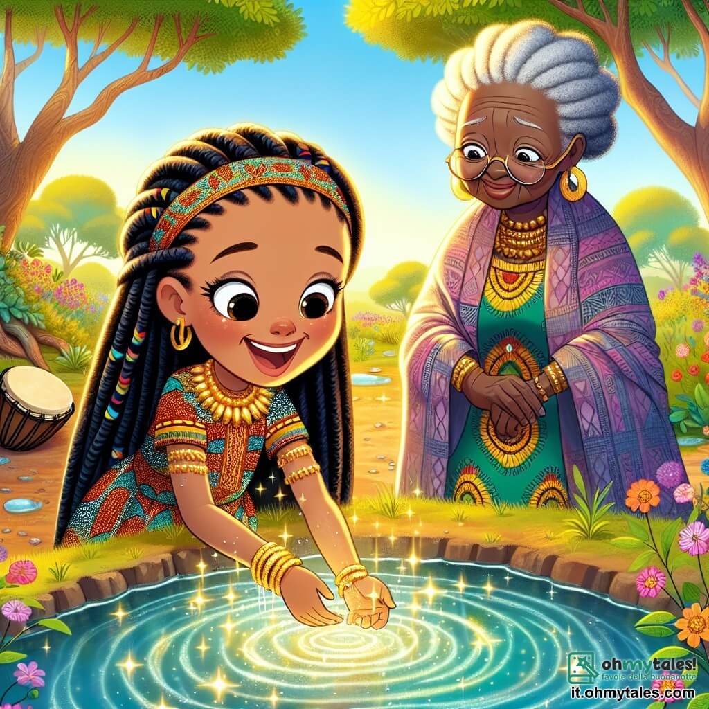 Amina, una giovane di circa 12 anni, ha lunghi capelli neri intrecciati e indossa un vestito colorato decorato con motivi africani vivaci. Sorride meravigliata mentre scopre un braccialetto d'oro scintillante sul fondo di un laghetto, con l'acqua che brilla intorno a lei. Vicino a lei, una donna anziana di circa 60 anni, con capelli grigi e un viso segnato dal tempo, osserva Amina con benevolenza. Indossa un vestito tradizionale e tiene un tamburo, pronta a celebrare la cultura. Il luogo è un magnifico laghetto circondato da fiori colorati e alberi maestosi, con i raggi di sole che filtrano tra le foglie, creando un'atmosfera magica. La scena principale mostra Amina, meravigliata, mentre si tuffa nell'acqua chiara per recuperare il braccialetto d'oro, mentre un piccolo spirito luminoso inizia a apparire intorno a lei, illuminando la scena con una dolce luce.