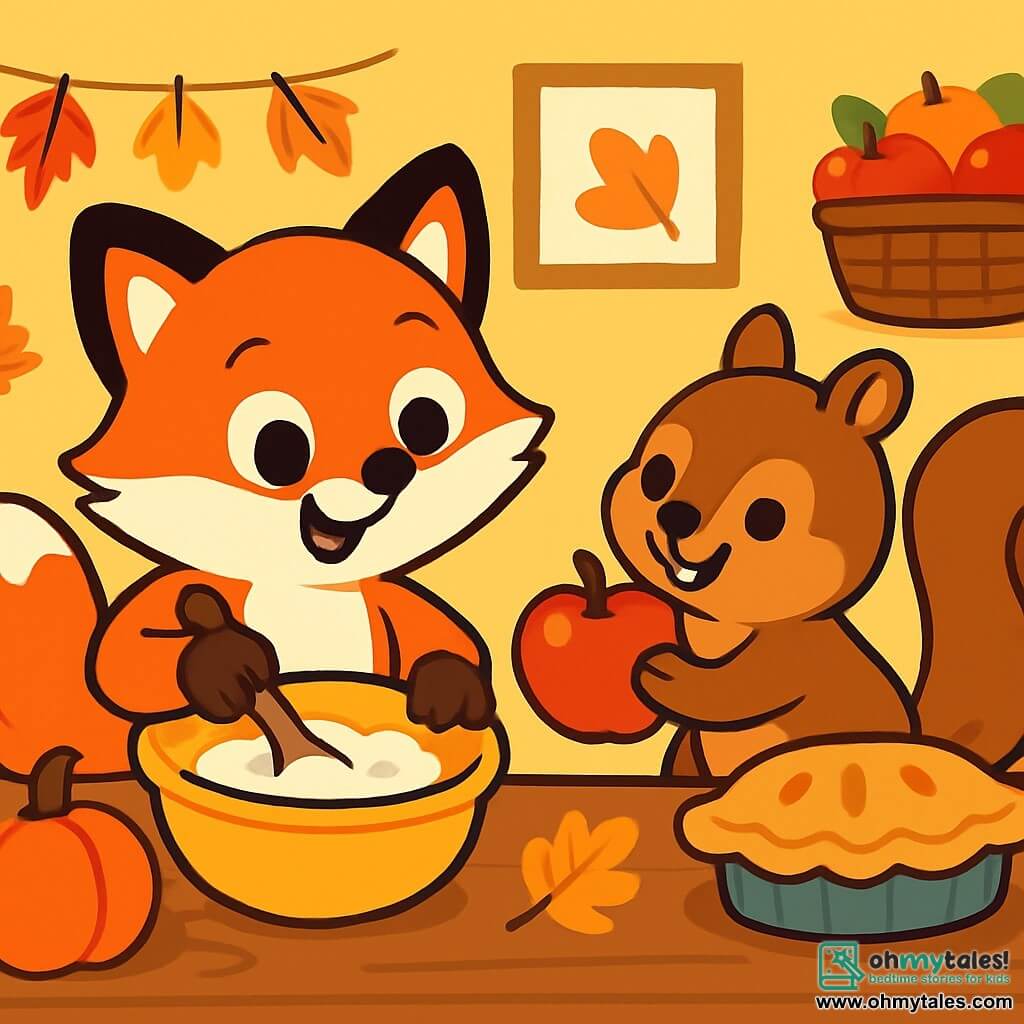 A small fox with shiny red fur and sparkling eyes is mixing pie dough in a cozy kitchen. He has a big smile on his face, showing his excitement for autumn cooking. Next to him, a brown-furred squirrel with bright eyes holds a shiny red apple, ready to add it to the mix. The kitchen is filled with autumn decorations: colorful leaves, orange pumpkins, and baskets overflowing with fruit. On the table, a delicious apple cake is baking, emitting a tempting aroma. The two friends are surrounded by a joyful and warm atmosphere, illustrating the pleasure of cooking together in autumn.