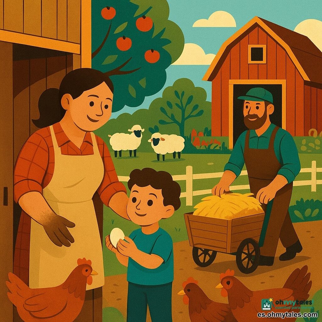Una mujer agricultora sonriente y amable, rostro redondo, cabello castaño recogido en coleta, manos manchadas de tierra, con camisa de cuadros roja y delantal beige, abre suavemente la puerta de un gran gallinero de madera; a su izquierda, un niño de unos 4 años, pelo rizado, ojos abiertos y camiseta azul claro sostiene delicadamente un huevo; al fondo a la derecha, un hombre de unos 40 años, barbado y con gorra verde, empuja un pequeño carro con pacas de paja; ovejas blancas agrupadas a la sombra de un manzano, una vaca moteada marrón mira desde el establo abierto y gallinas rojizas picotean en primer plano. Escenario: granja soleada con suelo de tierra y césped, vallas de madera pintada, cobertizo rojo y campos y huerto con hojas verdes visibles. Situación: la mujer cuida de los animales con un gesto calmado y protector, luz suave de mañana, colores cálidos y contrastados, composición clara y legible para un niño. Estilo: formas simplificadas, contornos netos, motivos geométricos decorativos estilo art déco, paleta cálida (ocre, rojo, verde, azul) y texturas visibles de madera y paja.