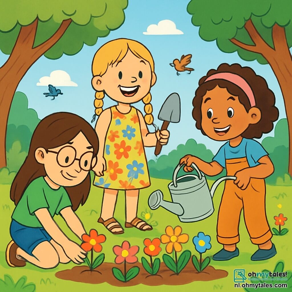 Er zijn 3 personages: - Eva: een 10-jarig meisje met lang bruin haar en ronde bril. Ze draagt een groen t-shirt en een spijkerbroek. Ze is gehurkt en plant een kleine bloem in de grond. - Noor: een 10-jarig meisje met blonde vlechten en een stralende glimlach. Ze draagt een kleurrijke bloemenjurk en sandalen. Ze staat rechtop met een schep in de hand, klaar om haar vriendinnen te helpen. - Sofia: een 10-jarig meisje met krullend kastanjebruin haar en een roze haarband. Ze draagt een blauwe t-shirt en tuinbroek. Ze is aan het water geven van de bloemen met een gieter, glimlachend en geconcentreerd. De locatie is een zonnig park vol met kleurrijke bloemen die dansen in de wind. Majestueuze bomen omringen de ruimte en een heldere blauwe lucht is bezaaid met donzige witte wolken. Op de achtergrond zijn kinderen die spelen en vogels die zingen in de takken. De hoofdscène toont de drie vriendinnen die samen een prachtige bloemen tuin aanleggen om bijen aan te trekken. Ze werken samen, lachen en moedigen elkaar aan terwijl ze levendige bloemen in de vruchtbare aarde planten.