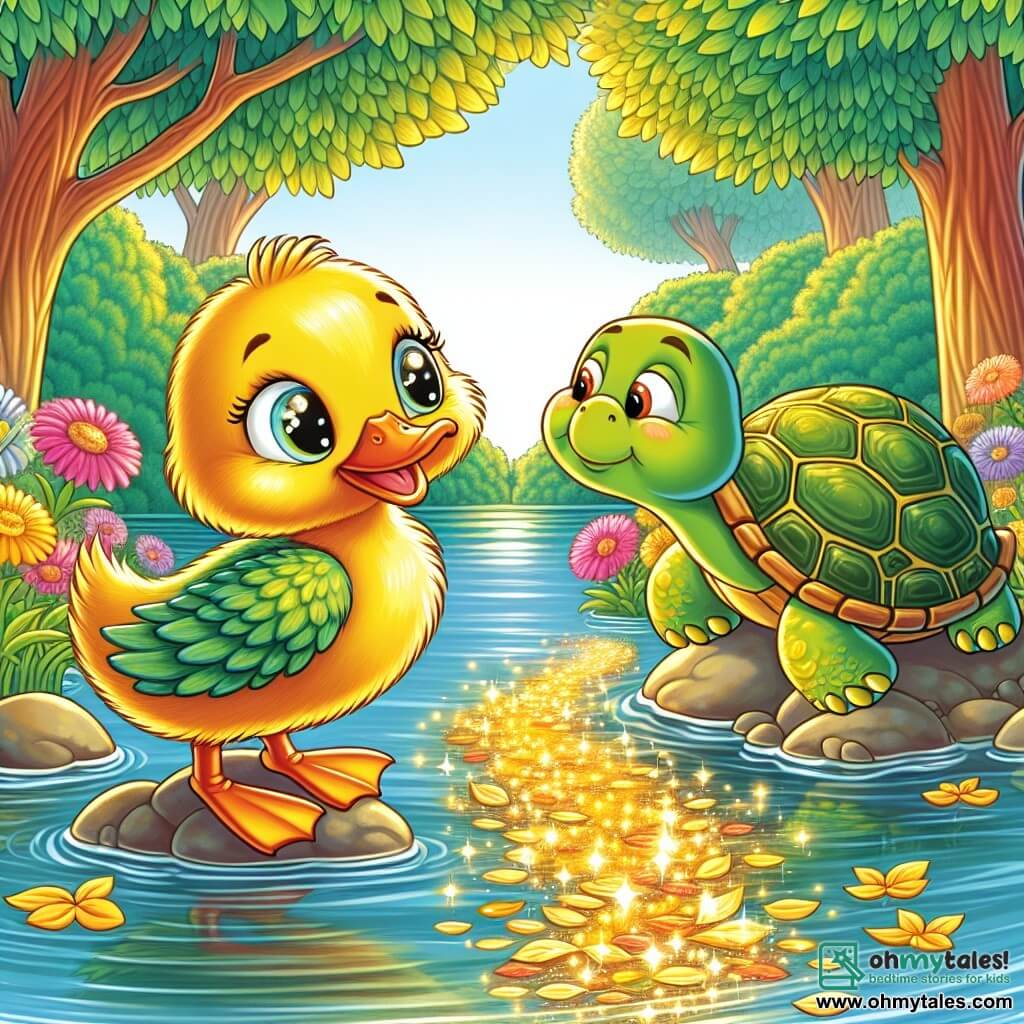 A little duck named Dilly, with bright yellow feathers and sparkling curious eyes, stands at the edge of a pond, marveling at a shimmering path made of golden leaves. He wears a joyful and determined expression, ready to explore the world around him. Nearby, a wise old turtle, with a green shell and wrinkles that tell ancient stories, smiles gently while watching Dilly, sitting on a rock by the water. The scene is set in a beautiful pond surrounded by tall trees with lush green leaves, and colorful flowers dancing in the light breeze. The sun shines, creating golden reflections on the water's surface. The main situation shows Dilly, the duck, ready to venture onto the shimmering path, while the turtle encourages him with a kind gaze, creating an atmosphere of friendship and adventure.