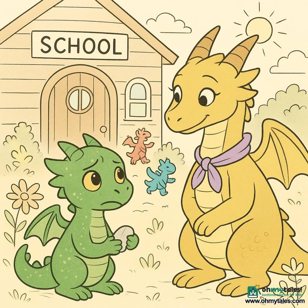 A small dragon named Ember, with shimmering green scales and curious eyes, stands in front of the school door, a gentle expression of nervousness on his face. Next to him, a kind teacher dragoness with soft eyes and a lavender ribbon around her neck smiles warmly. Behind them, other small dragons play joyfully, their colorful scales shining under the morning sun. The school is a welcoming building with wooden walls and cloud-shaped windows, surrounded by brightly colored flowers. The scene shows Ember holding a small smooth pebble in his paw, a symbol of his courage, while the morning light softly illuminates the scene.