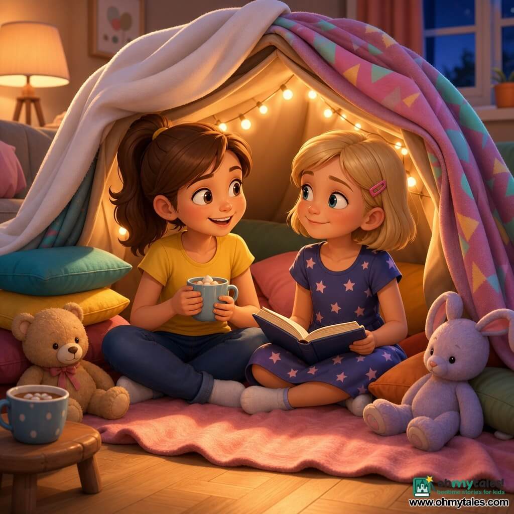Two 8-year-old girls sit in a cozy blanket fort in a living room at dusk: on the left a brown-haired girl in a yellow T‑shirt and jeans holds a mug of hot chocolate, smiling with bright curious eyes; on the right a short-blonde girl with a pink barrette in a starry dress looks toward her companion with a relaxed, dreamy expression and an open book on her lap. The light parquet floor, stacked colorful cushions, a small wooden table with a cup, scattered plush toys, and a string of warm fairy lights inside the white-patterned blankets create a soft, pastel-hued, peaceful atmosphere focused on their smiling faces and the shared quiet moment.