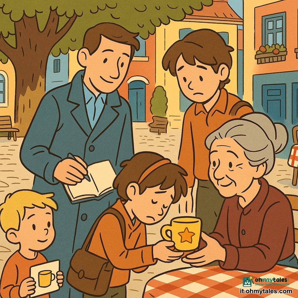 Matteo, detective calmo e benevolo, occhi attenti, cappotto lungo blu, lente in tasca, sorride tenendo un piccolo taccuino aperto e guarda la tazza gialla con una macchia a forma di stella; Nonna Rosa, circa 75 anni, viso rugoso e sorriso tenero, capelli grigi raccolti in uno chignon, seduta vicino a un tavolo da caffè mentre tende le mani per prendere la tazza; Luca, ragazzino di circa 8 anni, capelli castani con una piccola fascia e borsa marrone sulla spalla, porge timidemente la tazza, imbarazzato ma sollevato, in piedi di fronte a Nonna Rosa; Samuele, bimbo di circa 6 anni, biondo, tiene un piccolo disegno della tazza, vicino a Matteo, osserva la scena dalla destra; piazza del mercato con selciato grigio, case colorate (giallo, rosso, azzurro) con balconi fioriti, un grande platano che fa ombra circolare, terrazza di caffè con tovaglie a quadri e panchina di legno; situazione principale: restituzione della tazza gialla rubata o persa — primo piano sulla tazza con la macchia a stella, gesti di restituzione, volti rasserenati, luce calda di fine pomeriggio per un'atmosfera dolce e rassicurante.