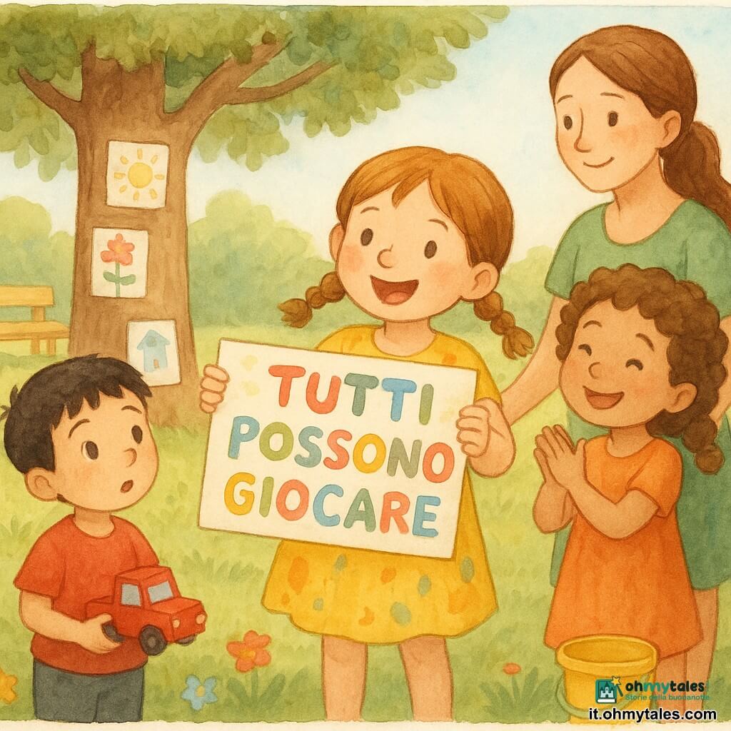 Una bambina di 4 anni, allegra e determinata, con due piccole trecce castano chiaro, maniche rimboccate e vestito giallo macchiato di pittura, tiene un cartello colorato con le parole Tutti possono giocare in lettere rotonde; un bimbo di 5 anni dai capelli corti neri, con un camion giocattolo, si trova a sinistra inclinando la testa per leggere, una bambina di 6 anni dai capelli ricci marroni sorride applaudendo con secchiello e paletta, mentre la mamma con i capelli raccolti e vestito verde sta dietro con una mano protettiva sulla spalla della bambina; il parco soleggiato mostra prato verde con fiori, una panchina chiara, un grande quercia con disegni appesi e un piccolo sandbox dorato, atmosfera di inclusione e gioia, colori delicati ad acquerello e tratti morbidi sui volti espressivi.