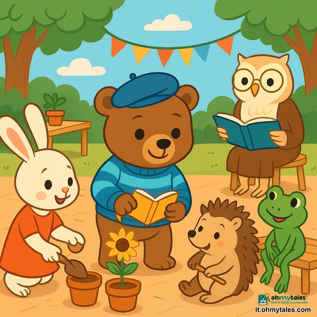 Un piccolo orso bruno antropomorfo (Orso Matteo) dal pelo morbido, con basco blu e maglione a righe, sorriso caloroso, tiene un taccuino aperto in una zampa e un annaffiatoio giallo nell'altra, accovacciato vicino a un vaso con un giovane girasole; la maestra Civetta, gufo dalle piume crema con occhiali tondi dorati e sguardo benevolo, è su uno sgabello dietro la classe con un grande libro aperto; la lepre bianca vivace Lilla, occhi brillanti, si china verso il vaso per mettere una cucchiaiata di terra a sinistra dell'orso; il riccio rotondo e sorridente Rocco, con punte marroni e ventre beige un po' sporco di terra, offre una paletta di legno a destra dell'orso; la rana verde Nina, sottile e maliziosa, è sul bordo di una panca canticchiando e tenendo una foglia come bacchetta; ambientazione: cortile scolastico all'aperto sotto grandi alberi, tavoli di legno con vasi, etichette colorate, festoni, pavimento di piastrelle calde e cielo azzurro con nuvole stilizzate; situazione: i bambini-animali in cerchio attorno al vaso del girasole nascente compiono un rituale dolce — un soffio comune, una frase sussurrata e un gesto d'annaffiatura — atmosfera cooperativa, luminosa, colori vivaci, tratti netti e forme semplici.