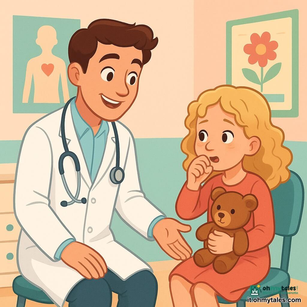 Un giovane uomo, Marco, con un volto sorridente e occhi scintillanti, indossa un camice bianco immacolato e uno stetoscopio al collo. Porge una mano amichevole verso una bambina. Chiara, una ragazza di 7 anni con capelli biondi ricci, è seduta su una sedia accanto a Marco, tossendo leggermente ma sorridendo timidamente, stringendo un peluche. L'ambiente è uno studio medico luminoso e accogliente, con pareti dipinte in colori pastello e poster educativi colorati. La scena principale mostra Marco, sicuro e benevolo, mentre rassicura Chiara, creando un momento di connessione e conforto.