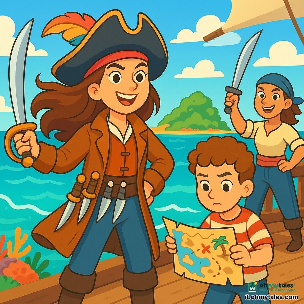 Una donna pirata intrepida, Isabella, si erge orgogliosa sul ponte della sua nave, con lunghi capelli ondulati che fluttuano nel vento. Indossa un cappello da pirata ornato di una piuma colorata, un mantello di pelle usurato e una cintura piena di coltelli lucenti. Il suo volto esprime determinazione ed eccitazione, con occhi scintillanti di coraggio. Accanto a lei, un giovane marinaio di circa 12 anni, Lucas, ha capelli corti e ricci. Tiene in mano una mappa del tesoro, le sopracciglia aggrottate, concentrato nella ricerca dell'isola misteriosa. Un altro membro dell'equipaggio, una donna robusta di circa 30 anni, Clara, sta dietro, pronta a difendere la nave con una spada in mano e un sorriso sicuro. Il luogo è un vasto oceano dalle acque turchesi, con onde scintillanti sotto un cielo blu brillante, punteggiato di nuvole bianche. All'orizzonte si profila un'isola verdeggiante, circondata da colorati scogli corallini. La scena principale mostra Isabella e il suo equipaggio, determinati a navigare verso l'isola misteriosa, pronti ad affrontare le sfide che li attendono, con espressioni di coraggio ed eccitazione sui volti.