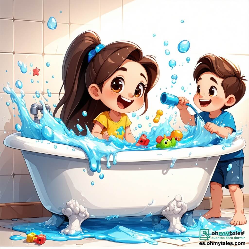 Una niña de 8 años, Valeria, con largos cabellos castaños y ojos brillantes de travesura, ríe a carcajadas mientras saca juguetes coloridos de la bañera desbordante de agua. A su lado, su hermano Leo, de 10 años, con el cabello despeinado y una camiseta azul, intenta sacar un tapón del desagüe con un desatascador, con una expresión concentrada y una sonrisa traviesa. Su hermana Marina, de 12 años, con el cabello rubio recogido en una coleta y gafas, está agachada sosteniendo una gran toalla, lista para secar el agua que se escapa, con una expresión preocupada pero decidida. La escena tiene lugar en un baño luminoso, con paredes de azulejos blancos y juguetes flotando en la bañera, salpicaduras de agua brillando a su alrededor. Los niños están en plena acción, creando un ambiente alegre y caótico mientras intentan salvar su aventura acuática antes de que su mamá los descubra.