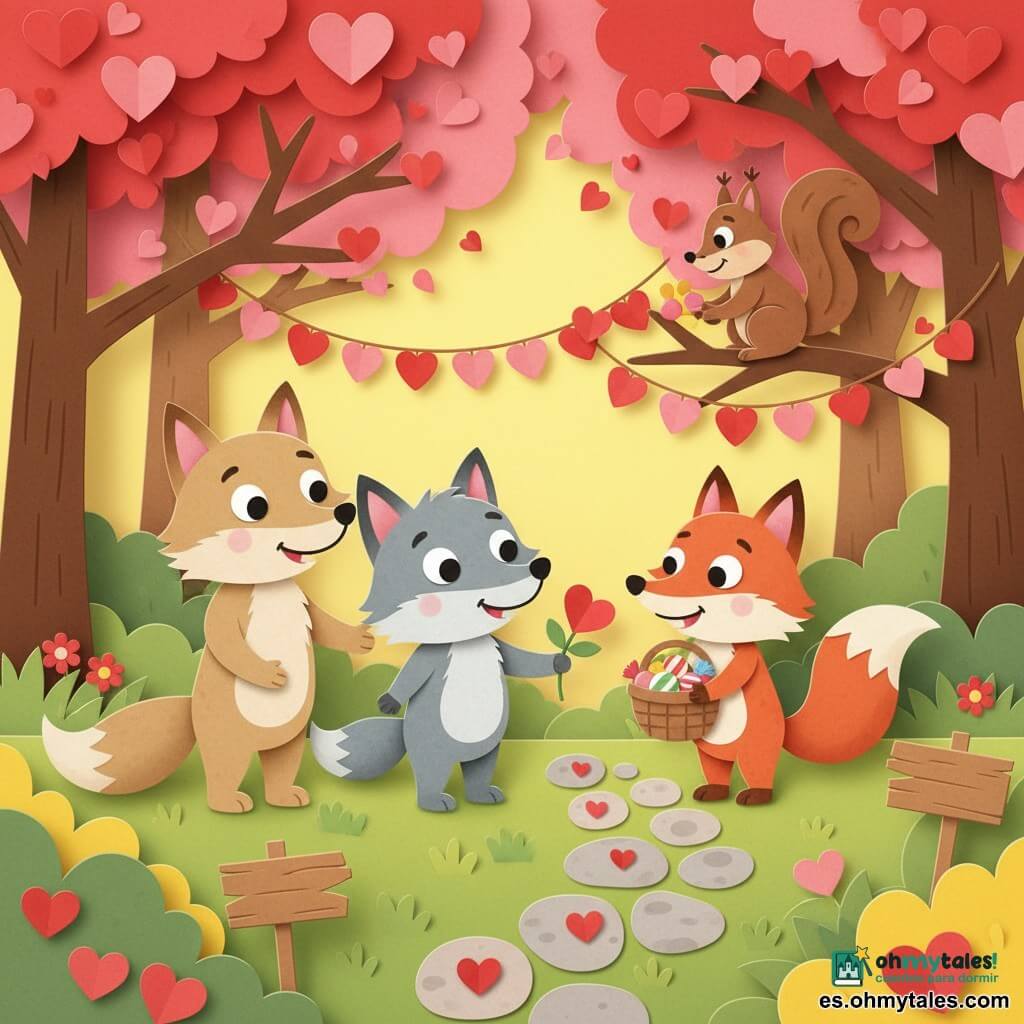 El personaje principal es un pequeño lobo gris de pelaje suave en papel texturado, ojos redondos brillantes y sonrisa tímida, alegre y atento, que ofrece una flor roja con una pata a un amigo; su mamá, una loba beige de mirada cálida, está detrás a la izquierda sonriendo y ofreciendo un abrazo; la zorra Vera, una zorra rizada rojiza con manchas blancas, traviesa y encantada, sostiene una cesta de dulces a la derecha; la ardilla Fina, pequeña y marrón, vivaz y sonriente, reparte guirnaldas de papel desde una rama baja al fondo; el decorado es un bosquecillo luminoso con árboles cuyas hojas en forma de corazón son rojas y rosas, guirnaldas de papel colgantes, carteles de madera pintados y caminos empedrados decorados con corazones; la escena principal es de San Valentín, con el lobo ofreciendo la flor y diciendo gracias, amigos alrededor, ambiente cálido, colores vivos (rojo, rosa, amarillo), texturas de papel superpuestas y una iluminación suave con sombras delicadas.