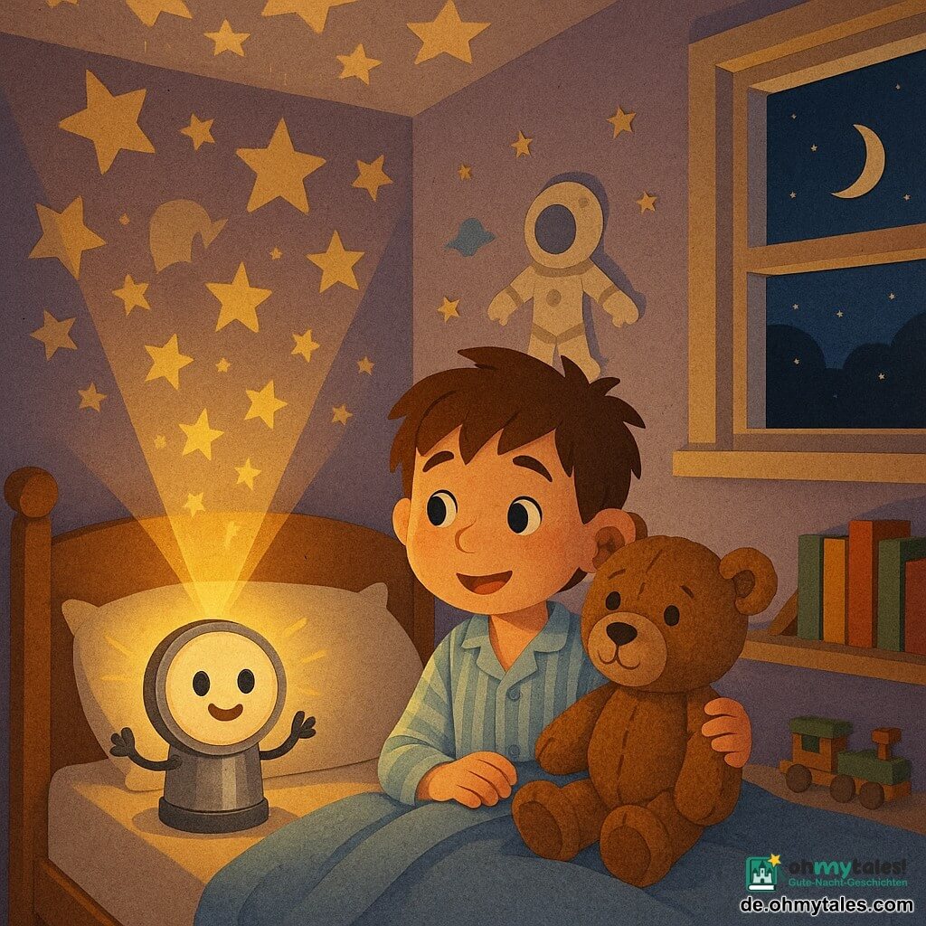 Anthropomorphe Spielzeugtaschenlampe namens Lumi mit rundem, lächelndem Gesicht auf metallischem Körper und winzigen Armen, die einen warmgoldenen Schein ausstrahlt und nahe dem Bett ausgeschnittene Sterne an die Decke projiziert; Tim, etwa 6–7 Jahre, strubbeliges braunes Haar, hellblau gestreifter Schlafanzug, beruhigt und erstaunt, halb im Bett sitzend und die Sterne betrachtend, eine Hand hält ein braunes Teddybär-Schmusetuch mit zerrissener Papierfell-Textur und angenähten Augen an der Schulter; gemütliches Kinderzimmer mit pastell-lavendelfarbenen Wänden, Astronauten- und Mondstickern, einer niedrigen Regal mit bunten Büchern und einer Holzbahn, offenes Fenster mit schmaler Mondsichel und sternenklarem Himmel; Szene: Lumi malt Sterne und spielerische Schattenfiguren an Decke und Wände, verwandelt die Nacht in eine warme Vorstellung und vertreibt die Angst vor der Dunkelheit; grafischer Stil: klare Schnittformen, sichtbare Papiertexturen, sanfte Farben mit warm-kühlen Kontrasten, fokussiertes Licht und verspielte Schatten.