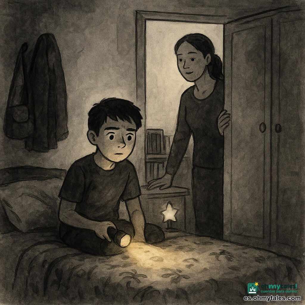 Un niño de 12 años sentado en la cama, rostro algo inquieto pero decidido, ojos grandes y cejas fruncidas, pelo castaño corto, sostiene una pequeña linterna encendida que proyecta un círculo de luz cálida en sus piernas; una mujer adulta (su madre, unos 35–40 años) de pie en el marco de la puerta con coleta, expresión dulce y reconfortante, una mano en el marco y la otra cerca de una pequeña lámpara en forma de estrella en la mesita; al fondo una estantería baja con cómics coloridos y un pequeño trofeo brillante, a la izquierda un perchero con chaqueta y bolso que proyecta una larga sombra y a la derecha un armario cerrado con pegatinas desgastadas; la habitación en tonos negros y grises lavados con una tenue luz azul de una luz de noche y el círculo amarillo cálido de la linterna, suelo de tablas de madera, colcha de patrón sencillo y almohada algo arrugada; escena nocturna tranquila: el niño explora la habitación con la linterna mientras la madre lo apoya desde el umbral, fuertes contrastes entre sombras profundas y manchas de luz, atmósfera íntima y segura.