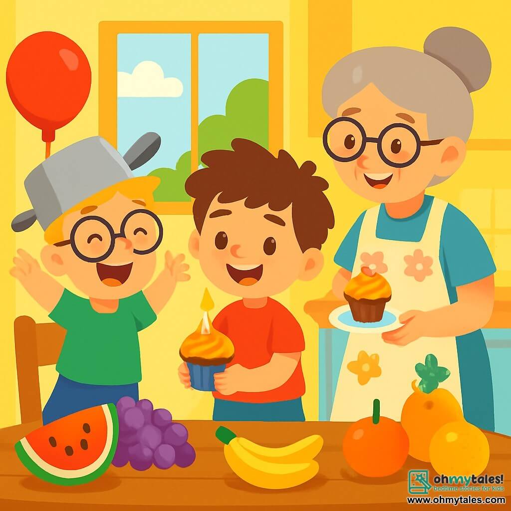 There are 3 characters: Max, a 6-year-old boy with messy brown hair and sparkling eyes, wearing a red t-shirt and blue shorts, stands in the center smiling and holding a cupcake with a candle. Ben, also 6, has blonde hair and round glasses, wearing a chef's hat and a green t-shirt, is to the left of Max, jumping with joy and raising his arms. Grandmother, an elderly woman with gray hair in a bun and glasses, wearing a floral apron, stands to the right of Max, holding a small plate with a cupcake. The setting is a bright kitchen with pastel yellow walls, a large window letting in sunlight, illuminating a wooden table filled with colorful fruits and birthday decorations. Apple-shaped balloons are tied to the chairs. The main scene shows Max, Ben, and their grandmother celebrating Max's birthday, surrounded by laughter and joy, with the cupcake at the center of the table, ready to be enjoyed.