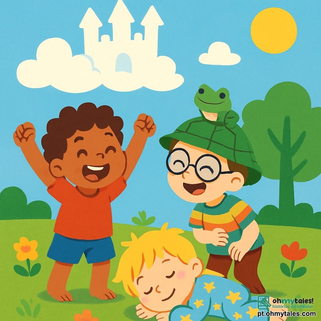 Há 3 personagens: - Nino: um menino de 6 anos com cabelo cacheado e um grande sorriso, vestindo uma camiseta vermelha e um short azul. Ele está de pé, com os braços levantados, cheio de energia, na frente de seus amigos. - Zico: um menino de 7 anos com um chapéu de tartaruga e óculos redondos, usando uma camisa listrada colorida. Ele está ligeiramente inclinado para frente, rindo, com uma mão na barriga. - Tico: um menino de 5 anos, pequeno e fofo, com cabelo loiro bagunçado, vestindo um pijama de estrelas. Ele está deitado na grama, com os olhos fechados, tirando um cochilo. O cenário é um parque ensolarado, com um vasto gramado verde salpicado de flores coloridas. Acima deles, um céu azul claro decorado com nuvens brancas em forma de castelo flutua suavemente. A situação principal mostra os três amigos brincando juntos, Nino e Zico fingindo pular como rãs, enquanto Tico dorme pacificamente, com um sorriso no rosto. Uma pequena rã verde, sentada no chapéu de Zico, os observa com olhos curiosos, adicionando um toque de magia e humor à cena.