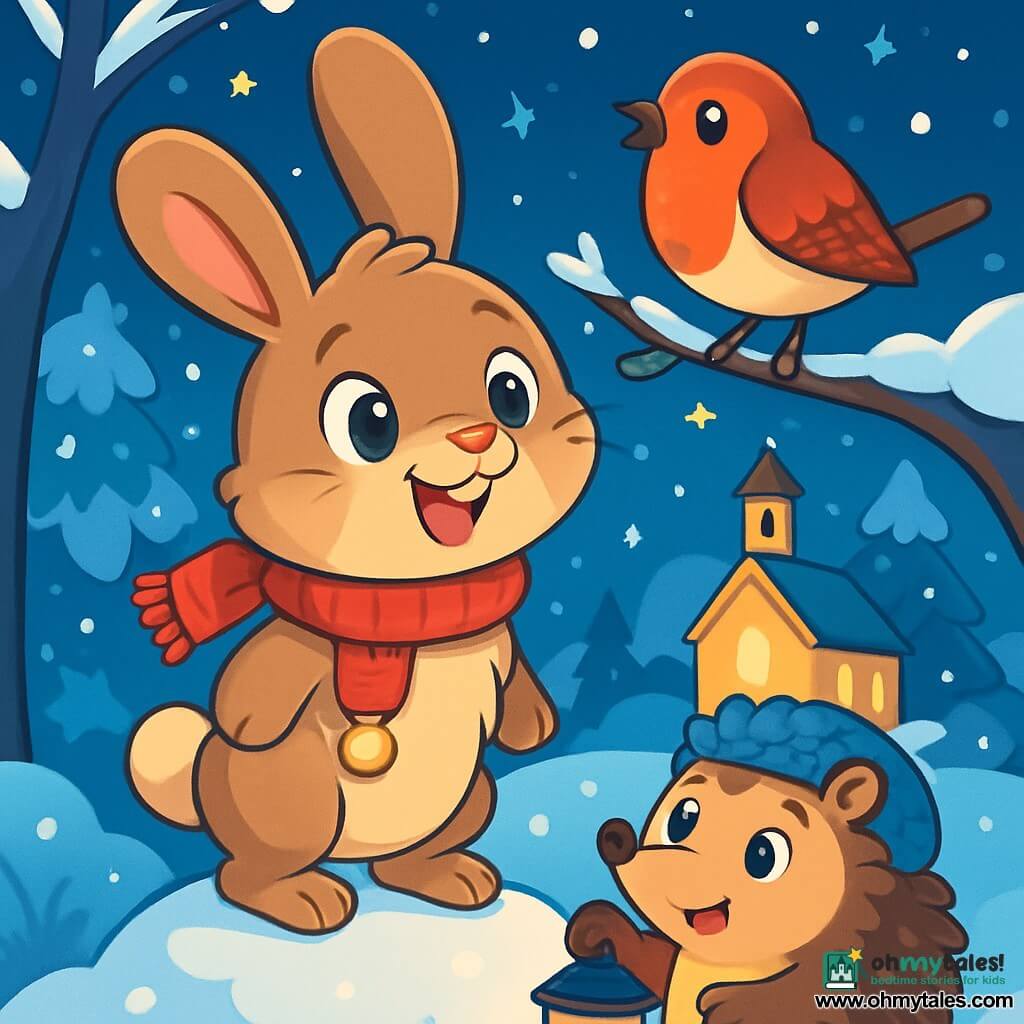 A little rabbit with long, soft ears named Pip stands on a small mound of snow, his eyes sparkling with excitement and a wide smile on his face. His fur is a soft brown, and he wears a red knitted scarf with a little jingling bell. Next to him, a small robin with bright feathers perches on a snowy tree branch, looking curious and joyful, ready to sing. A hedgehog in a woolen hat, with twinkling eyes, stands a bit lower, holding a lantern that casts a warm glow in the darkness. The scene is an enchanting winter landscape, with snow-covered trees, a starry sky, and a distant church illuminated by lanterns, creating a magical Christmas atmosphere. Pip and his friends gather to listen to the sweet sound of a bell ringing in the crisp air, filled with anticipation and joy, surrounded by gently falling snowflakes.