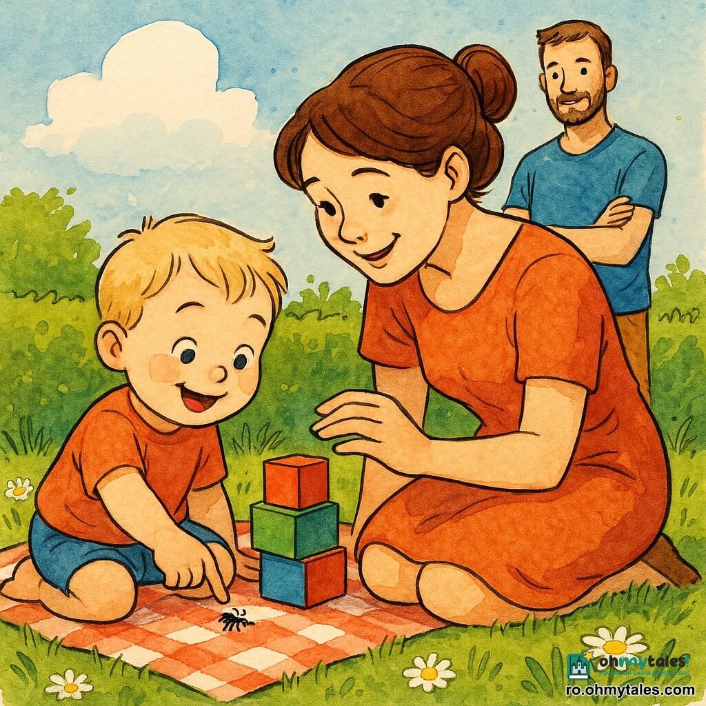 Băiat de 2 ani, față rotundă, pomeți fragezi, păr blond deschis și pufoș, zâmbet uimit, ochi mari și strălucitori, așezat pe o pătură în carouri roșii și albe, atingând delicat o furnică cu vârful degetului și având lângă el cuburi de lemn colorate. Mamă ~30 ani, ten deschis, păr șaten prins lejer, privire blândă, în genunchi lângă băiat cu mâna pregătită să-l protejeze, privind cu afecțiune. Tată ~35 ani, barbă scurtă, tricou albastru, în picioare la câțiva pași, brațe încrucișate sau gata să-l ia în brațe, zâmbet cald. Loc: grădină de vară însorită, iarbă verde cu margarete, tufă joasă și cer albastru pal cu un nor pufos; lumină caldă de după-amiază și umbre moi. Moment: descoperire tandră — copil fascinat de o furnică, cuburi colorate, texturi vizibile (lemn, țesătură, fire de iarbă).