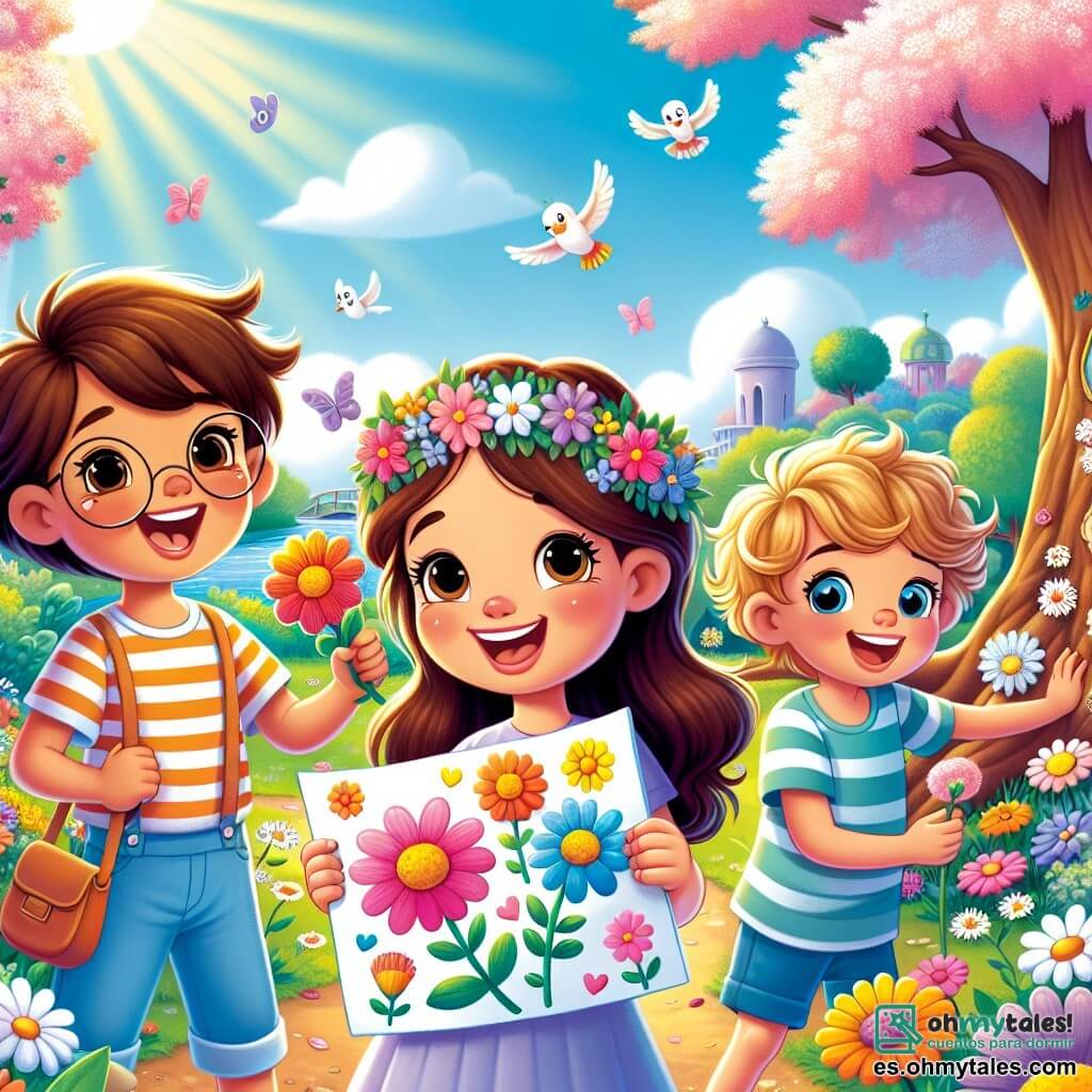 En un parque en plena floración, tres niños están reunidos. Santiago, un niño de siete años con cabello castaño y gafas redondas, sonríe alegremente sosteniendo un dibujo de flores coloridas. A su derecha, Valentina, una niña de siete años con una diadema de flores en la cabeza y cabello largo y rizado, admira una hermosa margarita que acaba de recoger. A la izquierda, Tomás, un niño de siete años con cabello rubio desordenado y una camiseta a rayas, sostiene una piedra brillante que encontró, mostrando una amplia sonrisa. El parque es un lugar mágico, lleno de flores multicolores, árboles verdes y un cielo azul brillante. Los tres amigos están en plena búsqueda del tesoro, buscando objetos de la naturaleza para su concurso de dibujo, riendo y animándose mutuamente mientras disfrutan de la belleza de la primavera que los rodea.