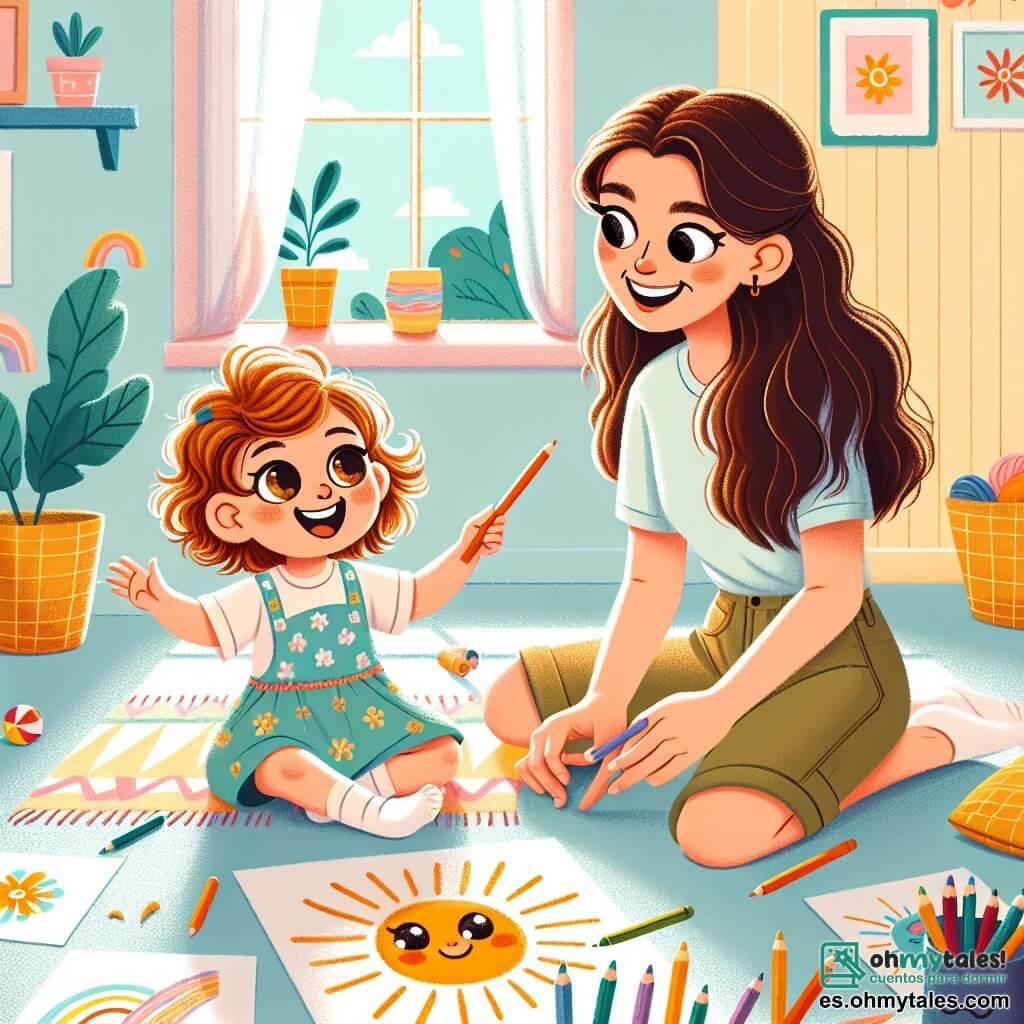 Una niña de 1 año, con grandes ojos brillantes y cabello rizado castaño, sonríe alegremente sosteniendo crayones en sus manos. Está sentada en una alfombra colorida, rodeada de dibujos de soles y flores que ha creado. Junto a ella, su madre, una mujer de unos 30 años con cabello largo y castaño, viste una camiseta ligera y shorts. La mira con una sonrisa orgullosa, sosteniendo un dibujo que Lía acaba de hacer. Su casa está llena de luz, con paredes pintadas de amarillo pastel y ventanas abiertas dejando entrar un suave rayo de sol. Hay juguetes esparcidos a su alrededor y macetas de flores coloridas decoran la habitación. Lía está dibujando un gran sol en una hoja de papel, llena de entusiasmo y creatividad, mientras su madre la anima con palabras dulces y aplausos.