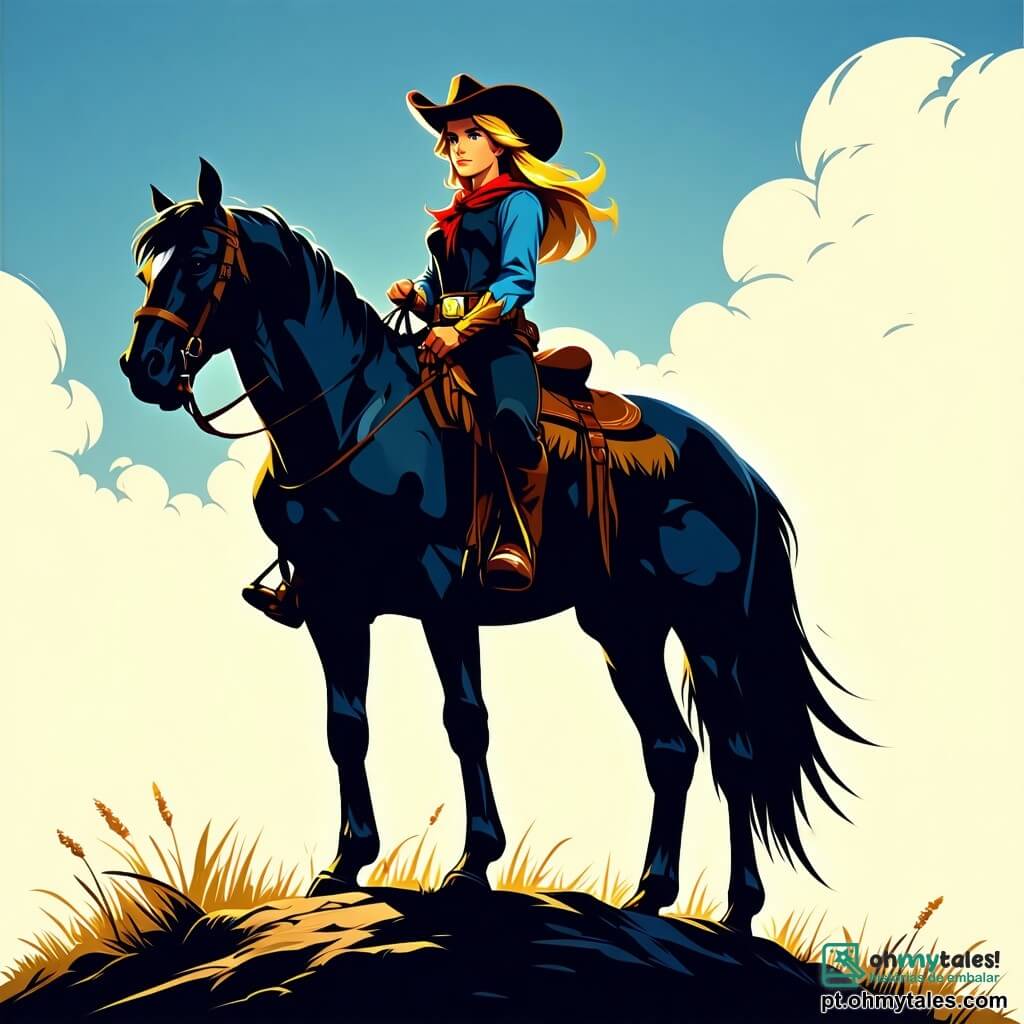 Um cowboy chamado Jack, um homem de cerca de 25 anos, está orgulhosamente em seu cavalo preto chamado Shadow. Ele tem cabelos dourados que brilham ao sol e olhos azuis cheios de adrenalina. Seu rosto expressa determinação e coragem enquanto observa o horizonte, pronto para defender sua cidade. Ao seu lado, Maria, uma jovem de cerca de 20 anos, está em uma colina, com cabelos castanhos ao vento. Ela usa um chapéu de cowboy e um colete de couro, seu olhar é concentrado e determinado, pronta para apoiar Jack nesta aventura. O cenário é uma vasta planície do Velho Oeste, com colinas ondulantes sob um céu azul brilhante, onde o sol se põe lentamente, tingindo a paisagem de tons dourados e alaranjados. A situação principal mostra Jack e Maria se preparando para enfrentar um grupo de foras da lei que se aproxima a cavalo, com rostos marcados pela bravura e espírito de equipe, prontos para defender sua cidade contra o perigo iminente.