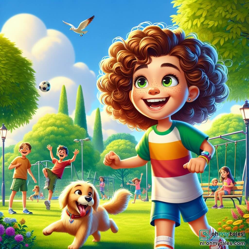 Een 12-jarig meisje, Emma, met krullend kastanjebruin haar en sprankelende ogen, staat in het midden van de afbeelding, glimlachend en vol energie. Ze draagt een kleurrijk t-shirt en een short, met een voetbal onder haar arm, klaar om in het park te spelen. Naast haar staat haar 10-jarige broer Tim, met wild blond haar en een ondeugende glimlach, die de bal naar Max, hun vrolijke golden retriever, gooit, die enthousiast achter de bal aanrent. Het park is groen, vol bomen met glanzende bladeren en kleurrijke bloemen, onder een heldere blauwe lucht met enkele witte wolken. Op de achtergrond zijn kinderen die op schommels spelen en gezinnen die picknicken op het gras. De belangrijkste situatie toont Emma en Tim die samen plezier hebben, lachend en rennend achter Max aan, wat het plezier van buiten zijn symboliseert, weg van schermen, en de vreugde van buitenspelen ontdekt.