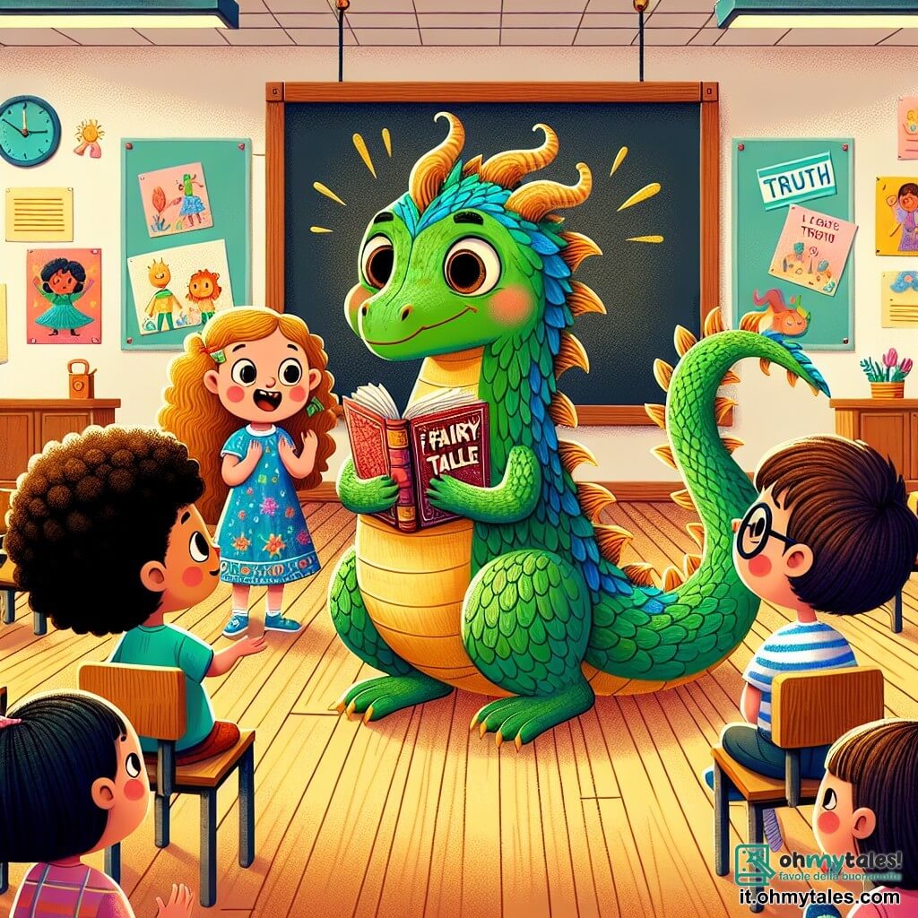 Un giovane drago dalle squame verdi brillanti, con grandi occhi lucenti e un sorriso timido, si trova al centro della scena. Guarda i suoi amici con un'espressione di esitazione, tenendo un grande libro di fiabe tra le zampe. Alla sua destra, una bambina dai capelli ricci e dorati, vestita con un abito colorato, lo incoraggia con un sorriso caloroso, i suoi occhi brillano di entusiasmo. A sinistra, un ragazzo dai capelli castani e occhiali tondi, indossando una maglietta a righe, gli fa un occhiolino amichevole, pronto ad aiutarlo. La scena si svolge in una grande aula luminosa, con pareti decorate da disegni di bambini e una grande lavagna nera sullo sfondo. Affissi alle pareti ci sono poster colorati sull'importanza della verità, e sedie di legno sono disposte in cerchio attorno a loro. Il drago, un po' nervoso, deve prepararsi a salire sul palco per il suo primo spettacolo, mentre i suoi amici lo incoraggiano a essere onesto e a superare la paura di mentire.