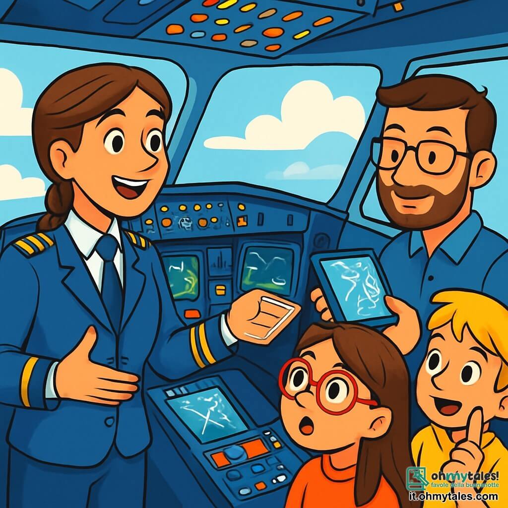 Una pilota donna, Marta, sorridente e sicura di sé, indossa un'uniforme blu con spalline dorate, i capelli castani intrecciati. È in piedi nella cabina di pilotaggio di un Airbus A320, circondata da comandi brillanti e schermi luminosi, guardando con entusiasmo fuori dal finestrino. Accanto a lei, Dario, il suo copilota, un uomo di circa 30 anni con occhiali e un sorriso amichevole, consulta delle carte di volo su un tablet. Sullo sfondo, si vedono dei bambini, tra cui Sofia, una ragazza di 11 anni con occhiali rossi, gli occhi spalancati per meraviglia, e Giulio, un ragazzo di 11 anni con capelli biondi, che alza la mano per fare una domanda. La cabina è piena di luce, con nuvole bianche e un cielo blu brillante visibili attraverso i finestrini. La scena principale mostra Marta che spiega con passione il funzionamento dell'aereo, mentre i bambini ascoltano attentamente, catturati dall'avventura del volo.