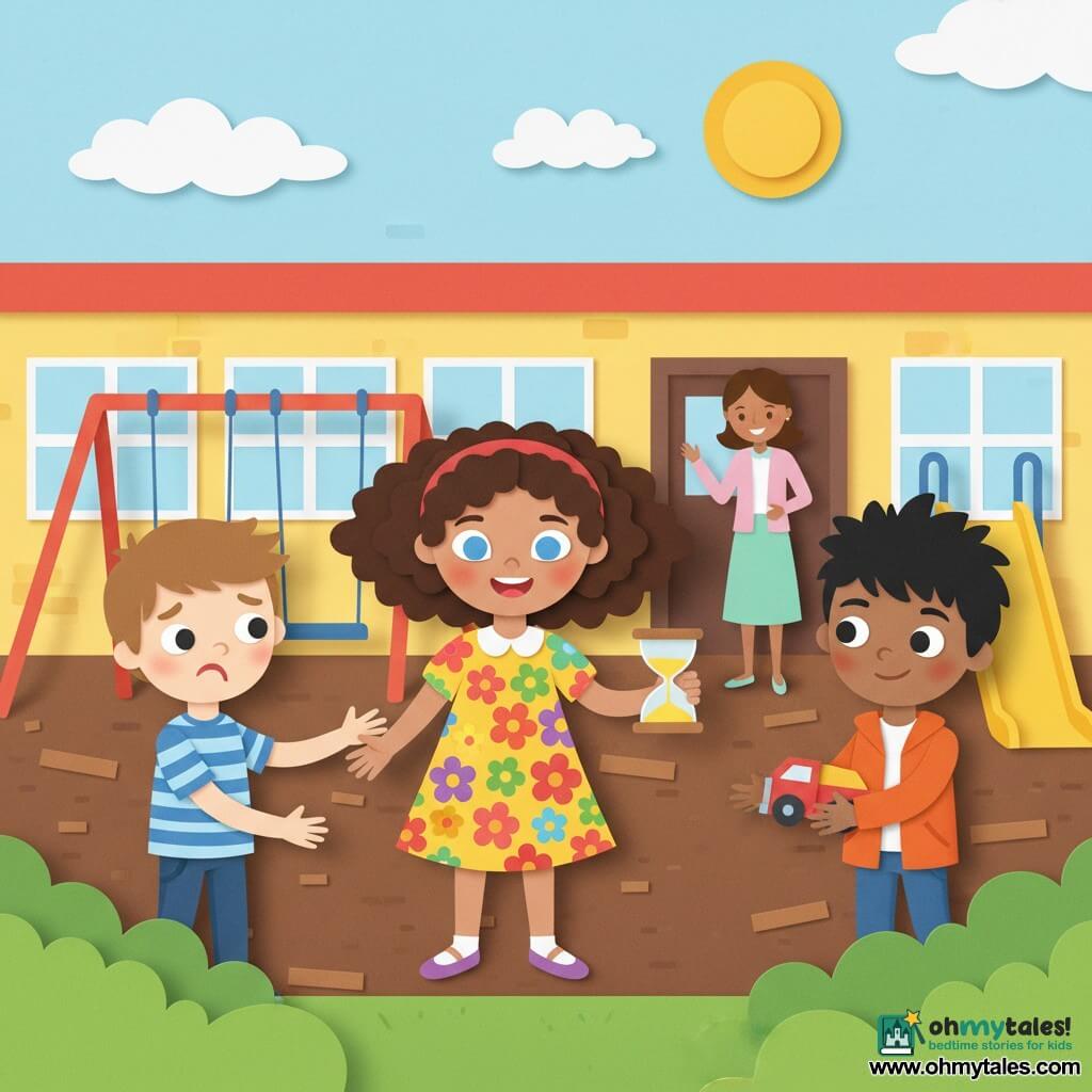 An 8-year-old girl with a brave, smiling expression, bouncing curly brown hair and bright blue eyes in a colorful floral dress holds a small plastic hourglass and offers to share; Max, about 7, on her left with short chestnut hair and a striped T-shirt looks initially upset then relieved, hands reaching toward a toy truck; Jake, about 8, a new student with short black hair and an orange jacket stands on the right holding a red-and-blue toy truck, hesitant but ready to smile; the teacher, an adult woman in a pastel dress with a warm smile, stands by the classroom door watching proudly; the school playground has wood-chip ground, swings and a colorful slide, a yellow school wall with windows, and a clear blue sky with a stylized sun; the scene shows the children resolving a sharing conflict as the girl proposes taking turns with the hourglass, with collaborative, friendly gestures and calm expressions in a bright, high-contrast paper-cut style.