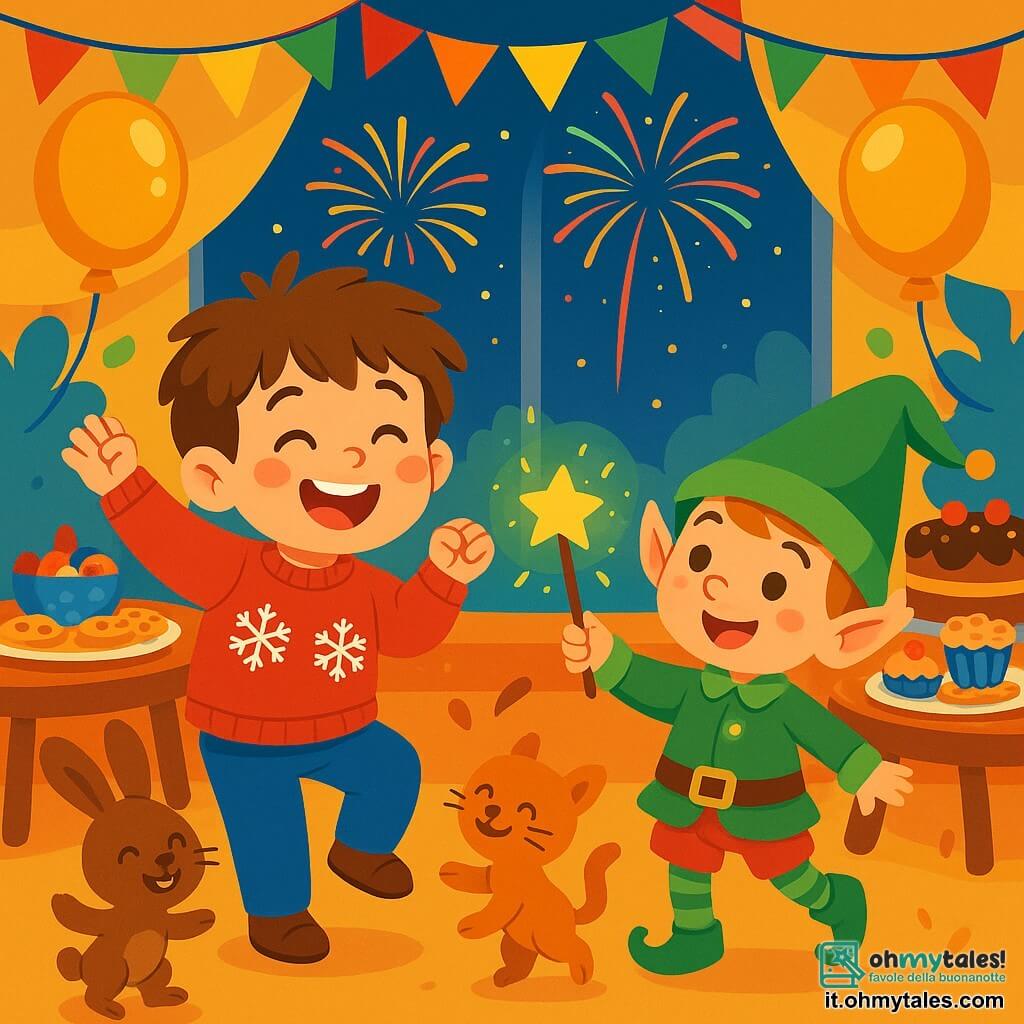 Un ragazzo di 6 anni, con capelli castani disordinati e occhi scintillanti di gioia, balla con entusiasmo in mezzo a una sala festiva illuminata. Indossa un maglione rosso brillante decorato con fiocchi di neve e pantaloni blu. Accanto a lui, un folletto di Capodanno, piccolo e birichino, con un cappello a punta verde e una giacca brillante, sorride agitando una bacchetta magica scintillante. La sala è decorata con ghirlande colorate, palloncini dorati e un grande tavolo pieno di deliziose leccornie. Sullo sfondo, fuochi d'artificio esplodono nel cielo notturno attraverso una grande finestra, illuminando la scena con una luce splendente. Il ragazzo e il folletto celebrano insieme, circondati da animali che ballano gioiosamente, creando un'atmosfera festosa e magica.