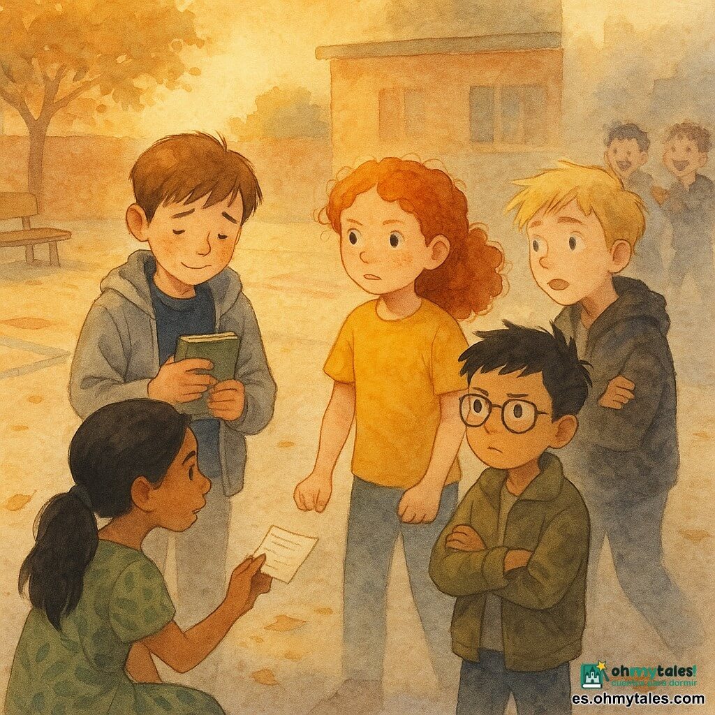Hay cinco niños: Leo, chico de ~11 años, piel clara, pelo castaño corto, con sudadera azul marino y chaqueta gris claro; está centro-izquierda, ligeramente encorvado, aliviado pero tímido, sujetando una libreta verde contra el pecho. Inés, niña de ~11 años, piel morena, pelo negro largo en coleta, vestido verde con motivos, sentada a la izquierda de Leo, inclinada hacia él, mostrando una pequeña lista. Nora, niña de ~11 años, pelo rizado pelirrojo y pecas, camiseta amarilla, delante de Leo, de pie, puño cerrado pero rostro sereno, mirando a Mauro como para detenerlo. Sami, chico de ~11 años, pelo negro corto, gafas redondas, chaqueta kaki, a la derecha de Nora, brazos cruzados, postura protectora y seria. Mauro, chico de ~11 años, pelo rubio, cazadora negra, expresión sorprendida y apenada, al fondo a la derecha con dos compañeros difuminados, reculando tímidamente. Escena en un patio escolar al atardecer: suelo de hormigón con marcas de juego rojas y azules, banco de madera gastado a la izquierda, muro de ladrillo ocre y hojas caídas; luz dorada que alarga las sombras. Situación: confrontación pacífica: cuatro amigos rodean y apoyan a Leo mientras Mauro se aleja; gestos claros y no violentos (mano tendida, mano en el hombro, mirada firme). Estética: tensión disipada, colores cálidos alrededor del grupo que apoya, tonos más fríos y difuminados en los burlones, estilo acuarela con salpicaduras suaves para acentuar emociones sin dramatizar.