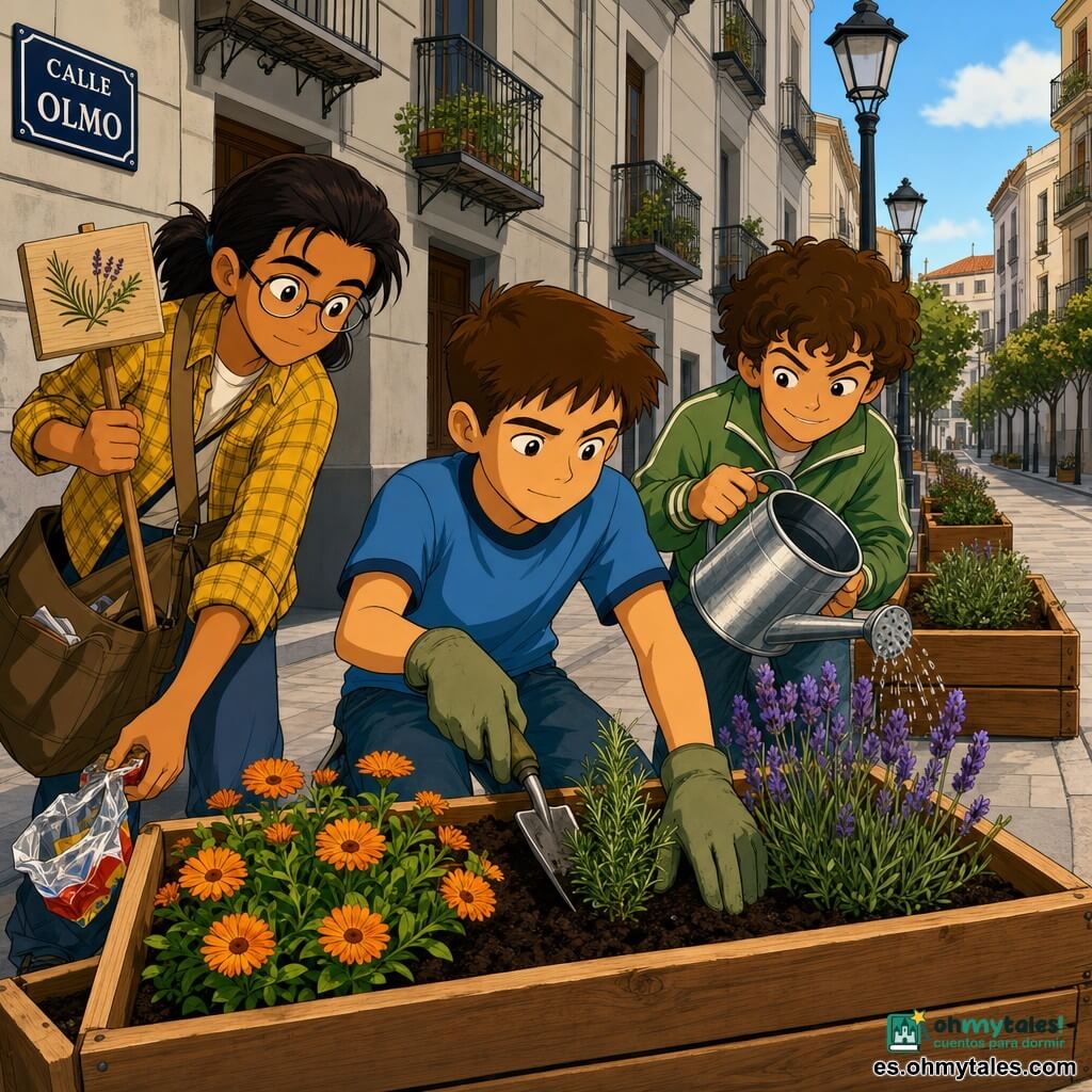 Tres niños: Leo (≈12 años) de pelo corto castaño, expresión seria pero amable, camiseta azul y guantes de jardín, arrodillado en el centro compactando tierra con una pequeña pala; Bruno (≈11 años) de pelo rizado castaño, sonrisa traviesa y chaqueta verde, a la derecha inclinando una regadera de metal sobre una lavanda; Mateo (≈12 años) de pelo largo recogido, gafas y camisa de cuadros amarilla, a la izquierda sosteniendo una pequeña pancarta de madera y recogiendo un envoltorio plástico para meterlo en una bolsa. Calle urbana “calle Olmo”, acera empedrada, fachadas gris claro con balcones, farolas, una fila de maceteros de madera nuevos junto a la acera, suelo con algunos colillas y papeles, cielo de final de mañana y luz cálida. Situación: los tres plantan flores (lavanda, romero y caléndulas) en tierra oscura y húmeda, gestos cooperativos, ambiente optimista y cuidado, estilo ilustración cartoon de los años 90, colores vivos, contornos definidos y texturas marcadas de madera y tierra.