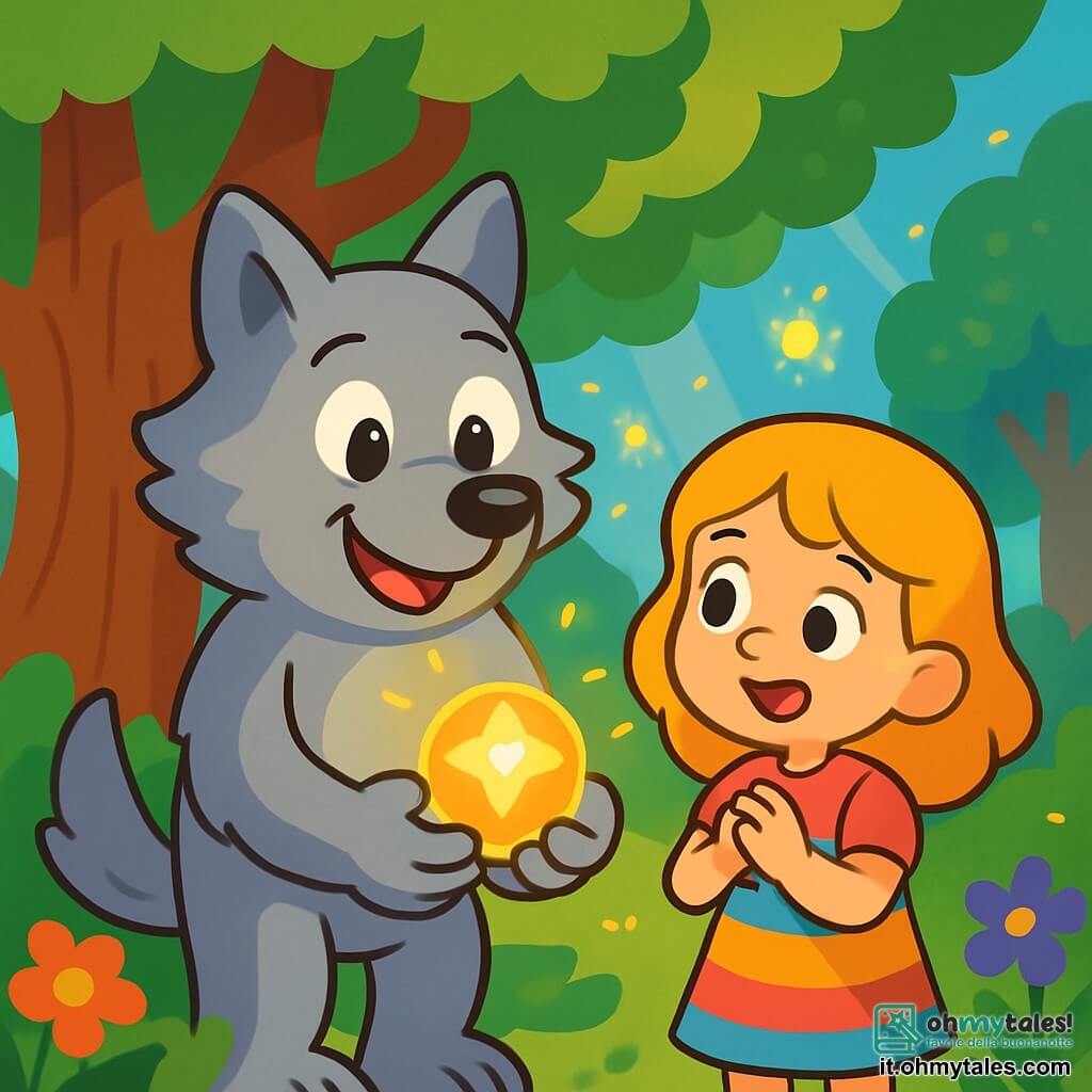 Un lupo mannaro dolce e amichevole, con un pelliccia grigia chiara e occhi brillanti di gentilezza, si trova vicino a un grande albero. Sorride calorosamente, mostrando la sua natura benevola, e tiene una pietra brillante tra le zampe anteriori. Accanto a lui, una bambina di 7 anni, con capelli dorati e occhi curiosi, guarda la pietra con meraviglia. Indossa un vestito colorato e ha un sorriso gioioso sul volto. Il luogo è un boschetto magico, pieno di alberi maestosi, fiori vivaci e raggi di sole che filtrano tra le foglie. Lucciole danzano intorno a loro, aggiungendo un tocco di magia all'atmosfera. La situazione principale mostra il lupo mannaro e la bambina che condividono un momento speciale, scoprendo insieme il potere della pietra magica che fa brillare le stelle nel cielo.