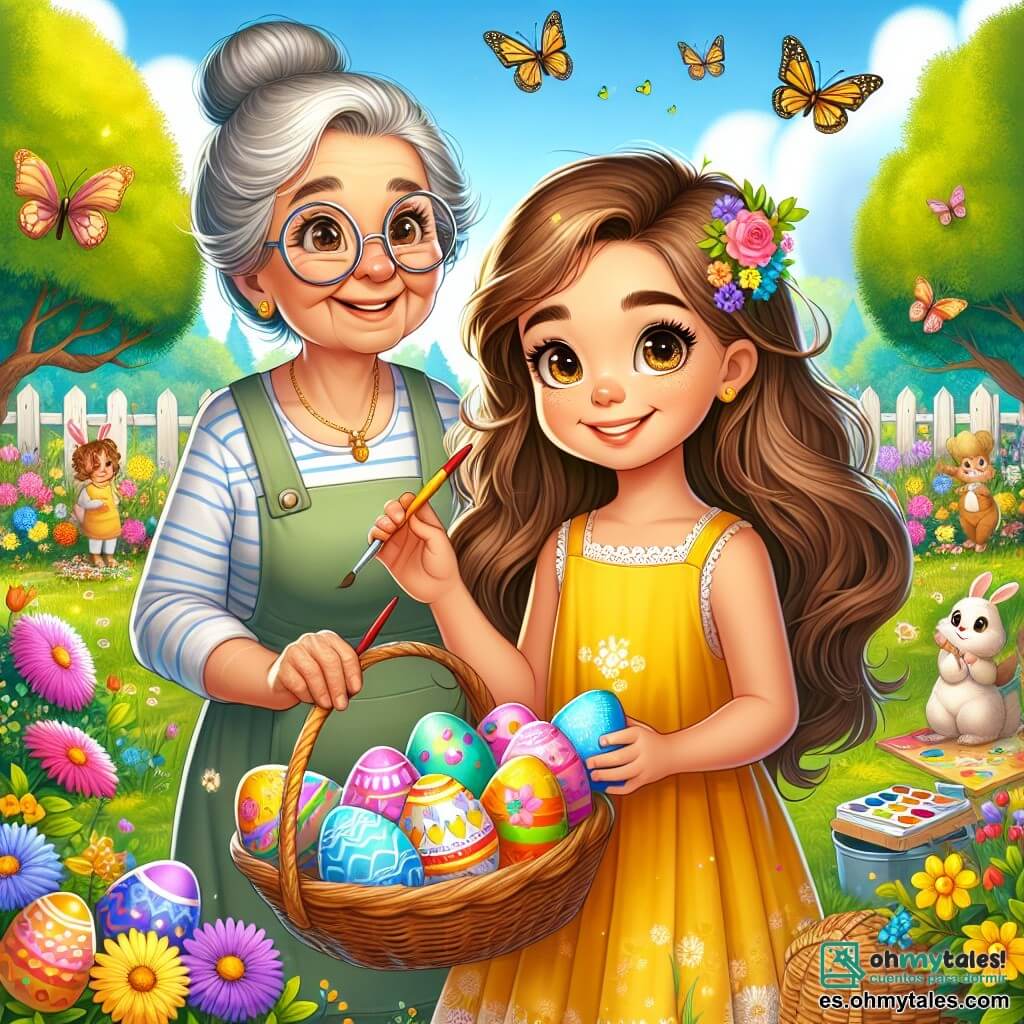Una niña de 6 años, Clara, con largos cabellos castaños y ojos brillantes, lleva un vestido amarillo brillante. Llena de alegría y curiosidad, sostiene una gran cesta llena de huevos de colores que acaba de decorar. A su lado, su abuela, una mujer mayor con cabello gris recogido y gafas redondas, sonríe cálidamente mientras sostiene un pincel y una paleta de pintura, lista para ayudarla. La escena tiene lugar en un jardín primaveral, lleno de flores vibrantes, grandes árboles verdes y un cielo azul claro. Mariposas vuelan alrededor, añadiendo un toque de magia al entorno. Clara y su abuela decoran huevos de Pascua, rodeadas de risas y colores, mientras amigos y familiares se reúnen alrededor, ansiosos por participar en la fiesta.