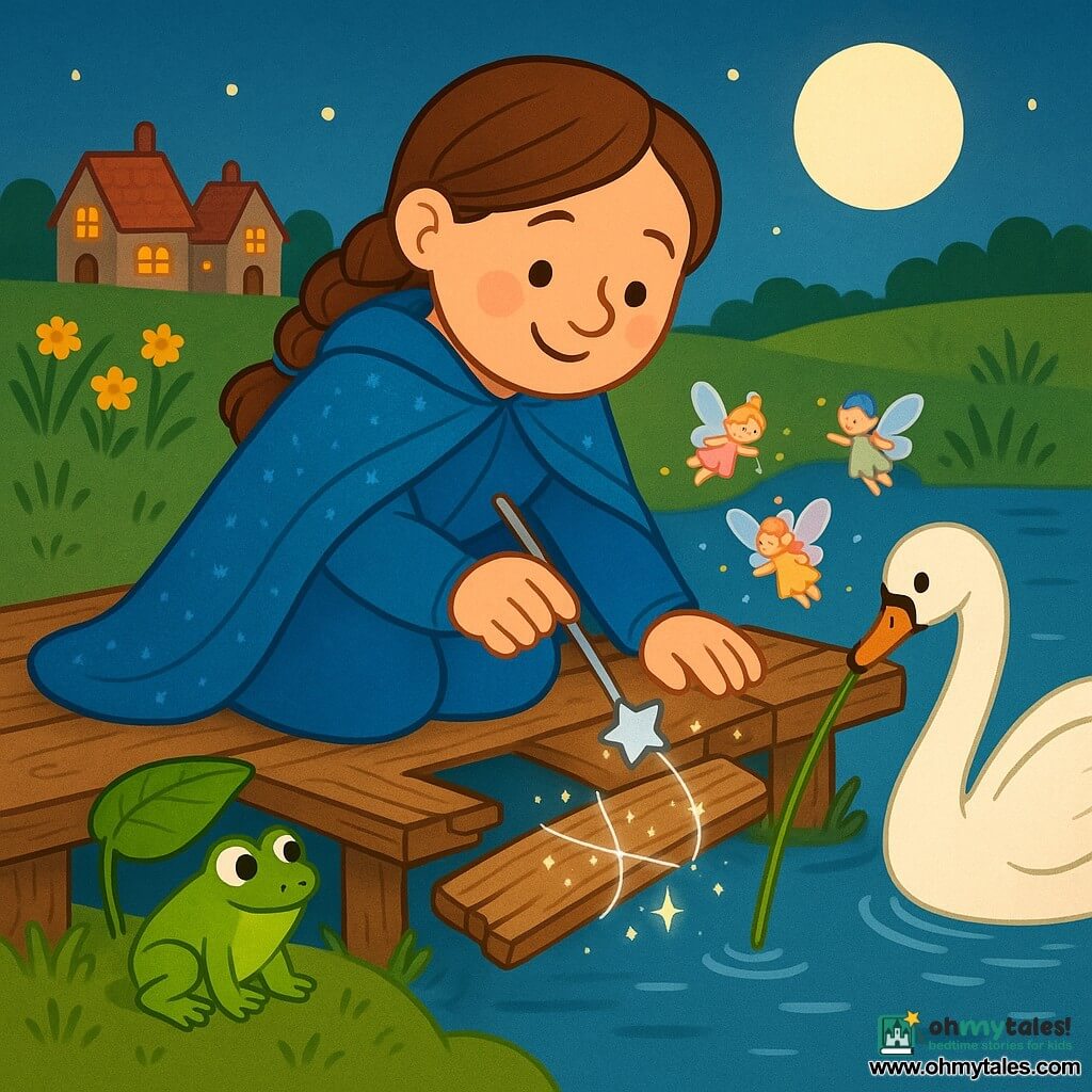 An adult woman, Mara, smiling and calm in a long sparkling blue cloak, holds a small silver wand and adjusts a plank on a rustic wooden bridge over a calm river while only animals and creatures help: a small green frog near her shoe holding a large leaf and looking at the plank, a large white swan offering a smooth reed, and tiny translucent-winged pastel fairies wrapping threads of light around the plank; the moonlit scene shows cooperative repair with visible textures—cracked boards, green moss, silver reflections on the water—and a distant village of small red-roofed houses, rendered in bright colors, soft contrasts, clear outlines and simple shapes suitable for toddlers.