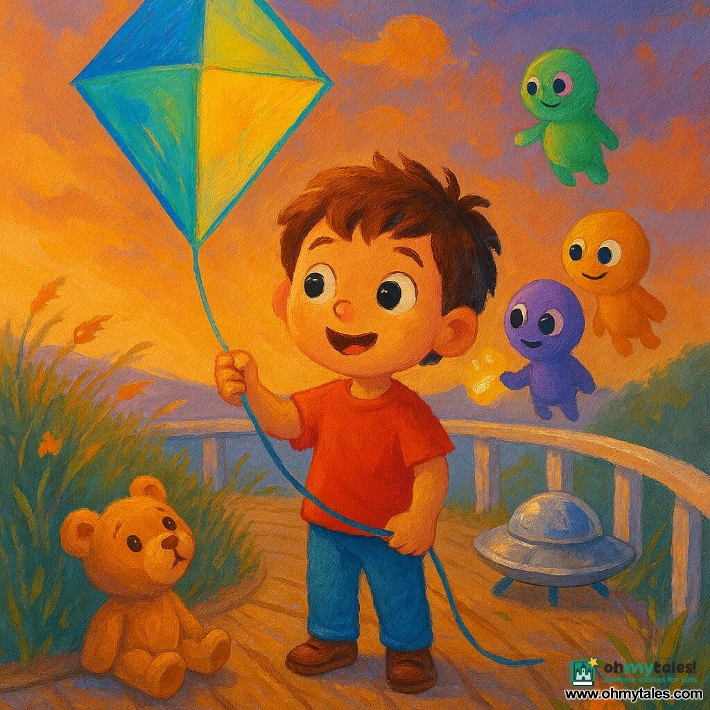 A 6-year-old boy with a round face, tousled brown hair and bright wide eyes, smiling in wonder, firmly holds the string of a large kite sparkling blue, green and yellow; a light brown teddy bear sits on the ground nearby, head tilted kindly as if watching the sky; three small round friendly aliens—green, purple and yellow with big expressive eyes—float near a small silver craft beside the kite, smiling and offering a glittering stone; the scene is on a curved wooden balcony path atop a hill with a worn white railing, swaying wild grasses and flowers and an orange-purple late-afternoon sky; the glowing kite seems to attract a gentle light, creating a warm, magical, peaceful atmosphere.