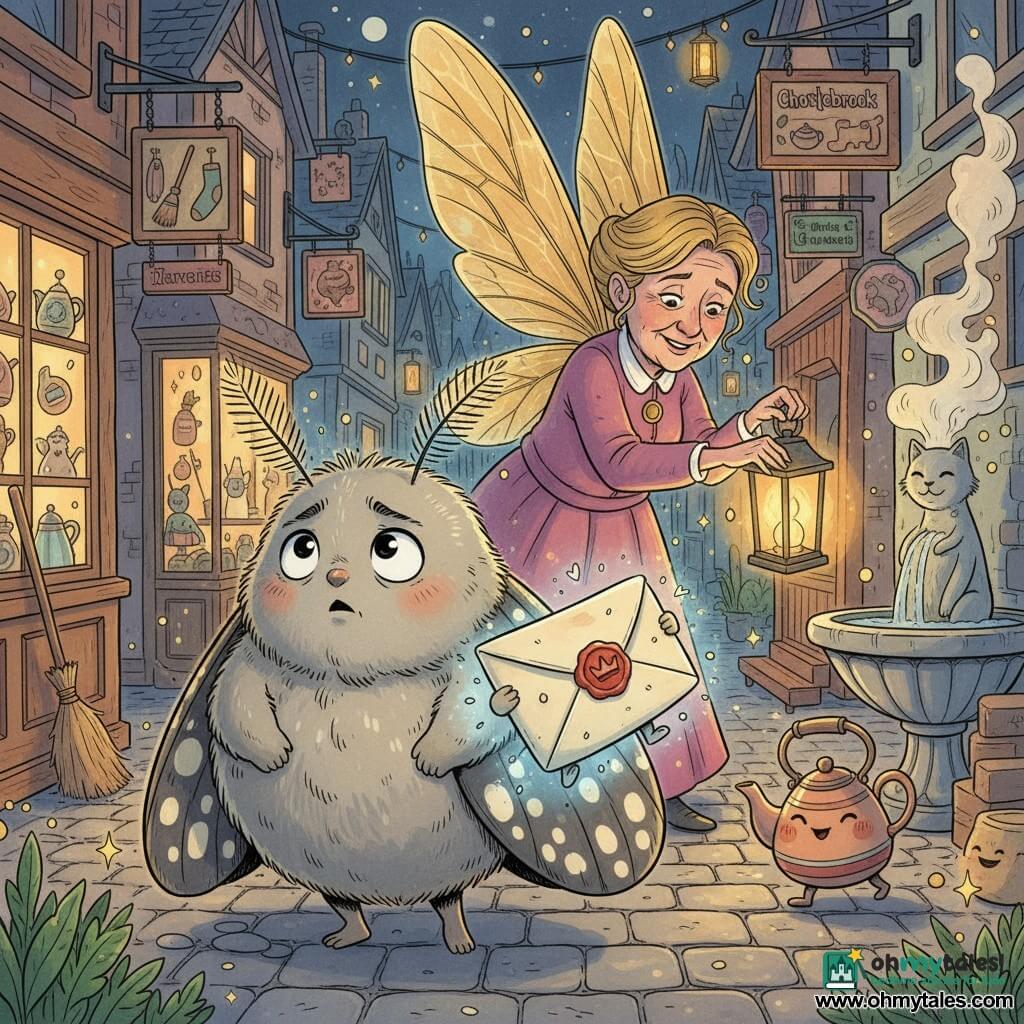 The main character is Milo, a small round fuzzy moth with fine antennae, bright eyes and a nervous, focused expression, holding under one wing a twitching enchanted envelope sealed with red-wax crown and emitting a blue glow; behind him stands Auntie Glimmerwing, a tall lantern-keeper fairy with translucent golden wings and a wrinkled smiling face, handing him the envelope while one hand rests on a blinking warm-glow lantern; they stand in a cobbled Bristlebrook alley lined with tiny shops and hanging lanterns and a steaming cat-shaped fountain, at night bathed in warm amber, indigo and slate tones as Milo, determined but worried, walks away and the enchanted town—full of living objects—twinkles and whispers around them.