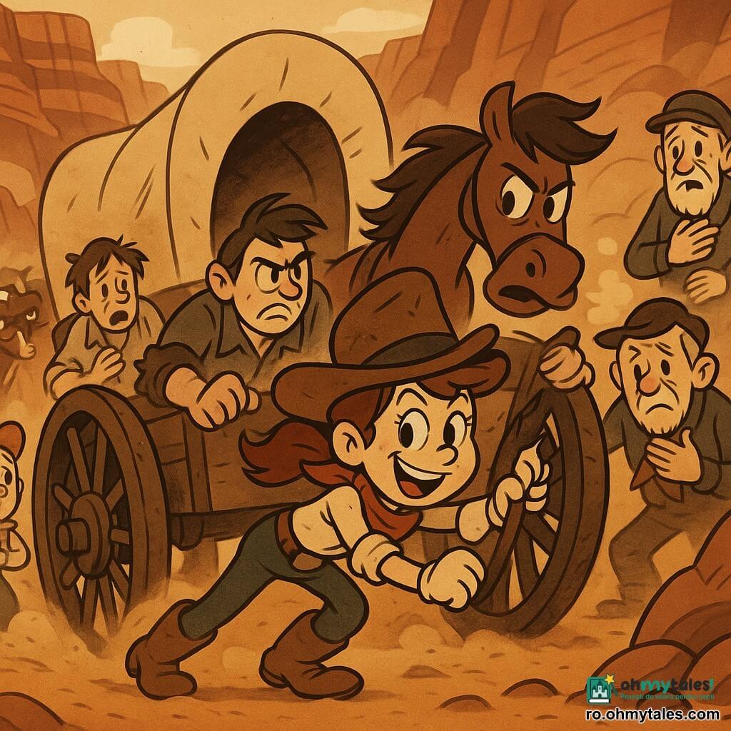 Nora, o tânără cow‑girl curajoasă cu fața rotundă, pistrui și coadă de cal sub o pălărie de cowboy uzată, împinge o căruță cu roata ruptă, picioarele în nisip; Cactus, cal brun musculos cu coamă zbuciumată, stă lângă ea ajutând la stabilizare; Tom, băiat de ~10 ani roscovan în vestă de denim, privește uimit de după o stâncă; un bărbat obosit de ~45 de ani cu fața murdară trage de spatele căruței lângă roată; un bărbat nervos de ~35 de ani cu sprâncene încruntate examinează roata; un bătrân cu barbă albă ~65 de ani, cu ochi blânzi și mâini tremurate, stă în spate recunoscător; locul: Canionul Vulturului Alb, pereți de stâncă roșietici, praf portocaliu și creste ascuțite, o turmă de vite se refugiază la margine; situație: după o furtună de nisip, grupul lucrează împreună să stabilească o căruță încărcată cu saci de făină, praful plutește, lumina filtrată, atmosfera e de efort, curaj și solidaritate, tonuri ocru cu accente roșu și albastru.