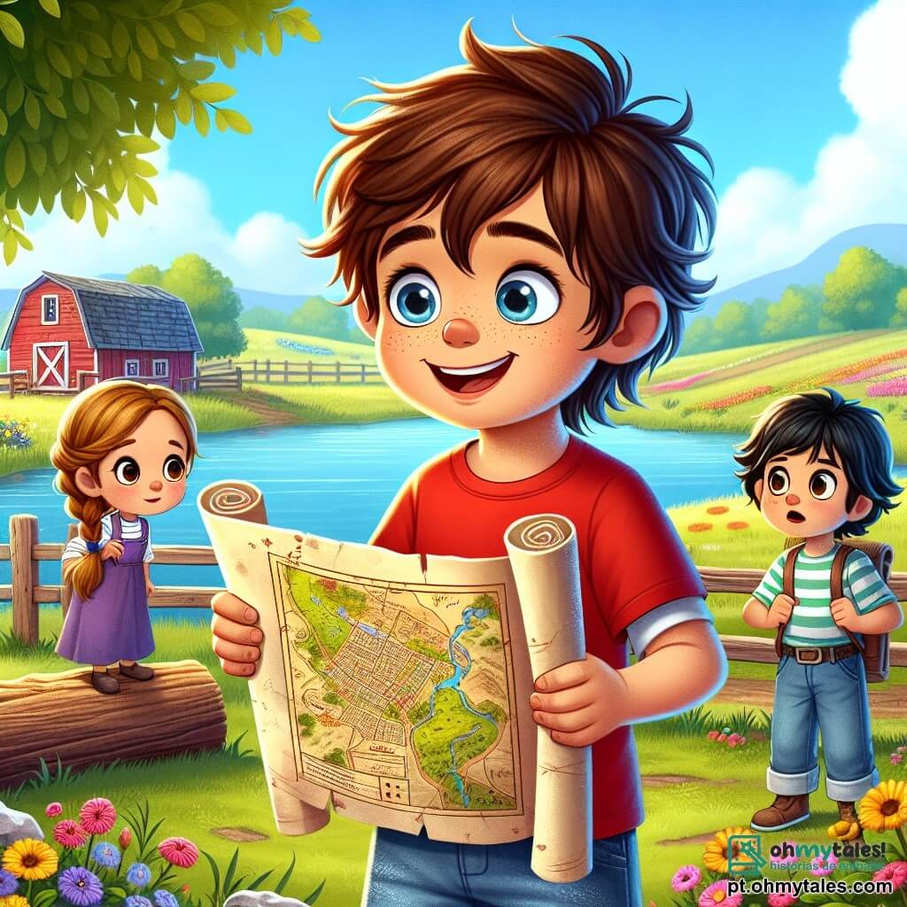 Um garoto de 8 anos, Tiago, com cabelos castanhos bagunçados e olhos brilhantes de curiosidade, está à beira de um lago, segurando um velho mapa enrolado nas mãos. Ele veste uma camiseta vermelha vibrante e um short de jeans, exibindo um grande sorriso de empolgação. Ao seu lado, sua melhor amiga Ana, uma menina de 8 anos com cabelos loiros trançados e óculos redondos, observa o mapa com admiração, seus olhos brilhando de antecipação. Um pouco mais adiante, Pedro, um garoto de 9 anos com cabelos negros e uma camiseta listrada, escala um tronco de árvore, pronto para pular e ver o que Tiago descobriu. O cenário é uma charmosa fazenda, com um céu azul radiante, campos de flores coloridas ao redor do lago e um velho celeiro de madeira ao fundo, cheio de mistério e aventura. A cena principal mostra Tiago e seus amigos descobrindo um antigo mapa à beira do lago, prontos para partir em busca de um tesouro escondido, com os rostos iluminados pela excitação e amizade.