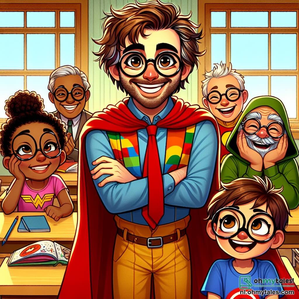 Oliver, een man met rommelig bruin haar, ronde bril en een ondeugende glimlach, staat in het midden van het podium, zijn wenkbrauwen komisch bewegend terwijl hij probeert een groep superhelden aan het lachen te maken. Hij draagt een kleurrijk kostuum met een rode cape die achter hem wappert, en zijn ogen sprankelen van opwinding en zenuwen. Aan zijn rechterkant lacht professor Snorremans, een man van middelbare leeftijd met een grote snor en een excentrieke outfit, luidkeels, met rode wangen van blijdschap. Hij zit op een stoel met gekruiste armen en lijkt van de show te genieten. Aan de linkerkant kijkt een jong meisje van ongeveer 10 jaar met kleurrijk haar naar Oliver met grote ogen, haar gezicht verlicht door een glimlach. Ze draagt een t-shirt met superheldenmotieven en houdt een klein notitieboekje vast waarin ze aantekeningen maakt over Oliver's optredens. De scène speelt zich af in een heldere en kleurrijke klaslokaal, met muren versierd met posters van beroemde superhelden, houten bureaus en ramen die zonlicht binnenlaten. Speelgoed en superhelden gadgets liggen verspreid over de tafels, wat bijdraagt aan een speelse sfeer. Oliver geeft een komische voorstelling om zijn superheldenvrienden aan het lachen te maken, waarbij hij zijn unieke talenten op hilarische wijze gebruikt, terwijl de professor en het meisje hem enthousiast aanmoedigen.