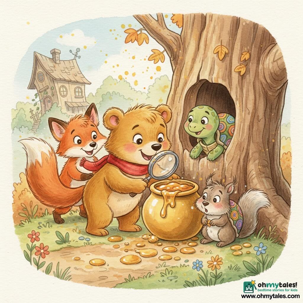 Benny, a small golden-brown bear with bright eyes and a curious smile wearing a red scarf and holding a magnifying glass, leans toward a pot of honey; Tilly, a green turtle with a colorful patterned shell, looks calmly and mischievously into a hollow log at Benny’s height; Finny, a fluffy red fox with a bushy tail, grins excitedly and sniffs sticky tracks behind Benny; a small gray squirrel with ruffled fur and honey-sticky whiskers sits by a large golden jar, surprised and slightly ashamed. They are in a hollow tree with visible rings and rough bark, surrounded by a colorful understory, simple flowers and an old dirt path, with a blurred leaning house with round shutters and climbing vines in the background. The scene shows the warm, soft-lit, pastel-toned discovery of the honey pot after following sticky footprints.