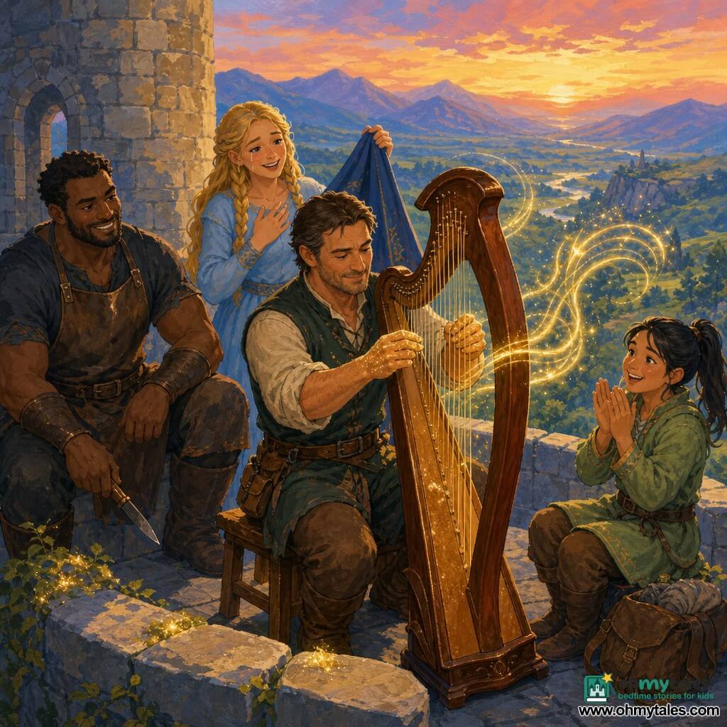 Ealdred, weathered-faced with short dark chestnut hair and a determined gentle gaze, repairs and tunes a large polished wooden harp atop a stone tower on a hill, smiling slightly with hands dusted in golden powder as newly fixed strings vibrate and send up visible golden musical spirals that make trees and stones tremble; behind him Lira, ~22, long braided blonde hair in a light blue dress, holds the open harp case with joyful tears, to his left Brin, ~35, stocky and muscular in a stained blacksmith's apron, watches smiling while tapping a knife on his knee, and to his right Elara, ~17, black ponytail and light green cloak, applauds with a mail satchel at her feet, all overlooking a vast dusk valley of waving grass and wildflowers, a gray ivy-covered tower, bluish distant mountains and a pink-orange sky streaked with light, creating a warm, heroic, magical atmosphere.