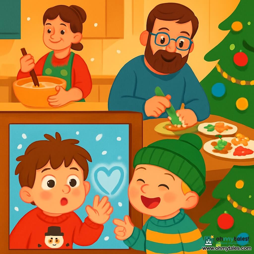 There are 4 main characters: Milo, a 4-year-old boy with messy brown hair and sparkling eyes, wearing a red sweater with a snowman, pressing his nose against the window; Theo, a 4-year-old boy with blonde hair and rosy cheeks, wearing a green hat and a striped sweater, standing next to Milo, laughing and drawing a heart in the fog on the glass; Mama, a smiling woman with brown hair in a bun, wearing a Christmas-patterned apron, mixing cookie dough in a large bowl in the kitchen; and Papa, a warm man with a soft beard and glasses, wearing a blue sweater, decorating cookies with colorful icing at the table. The setting is a cozy and festive home with a large Christmas tree decorated with sparkling garlands and colorful ornaments. Soft lights twinkle, and snowflakes fall outside, creating a magical atmosphere. The kitchen is filled with the scents of cinnamon and hot chocolate, with plates of cookies on the table. The main scene shows Milo and Theo excitedly preparing for a Christmas party with their family, laughing and having fun, surrounded by bright decorations and treats, ready to welcome friends and family for a joyful evening.