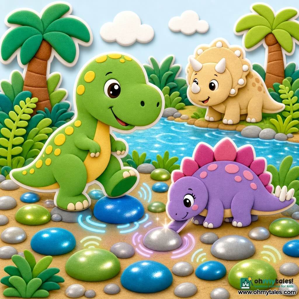 The main character is Toma, a cheerful, curious T. rex with soft green skin speckled with yellow, big shiny round eyes and a shy smile, walking gently with one foot raised on sparkling pebbles; beside him is Sela, a small shy enthusiastic Stegosaurus with pink and purple plates tapping a silver pebble with her tail; a round benevolent cream Triceratops with short horns watches from the riverbank; they are in a field of smooth blue, green and silver stones that glitter like bells, bordered by a clear river, large feathery ferns and rounded-leaf palms; Toma and Sela explore the "singing stones" which emit small patterns of light and drawn sound waves — soft, magical atmosphere, simple composition, bright colors and rounded shapes suited for foam stickers.