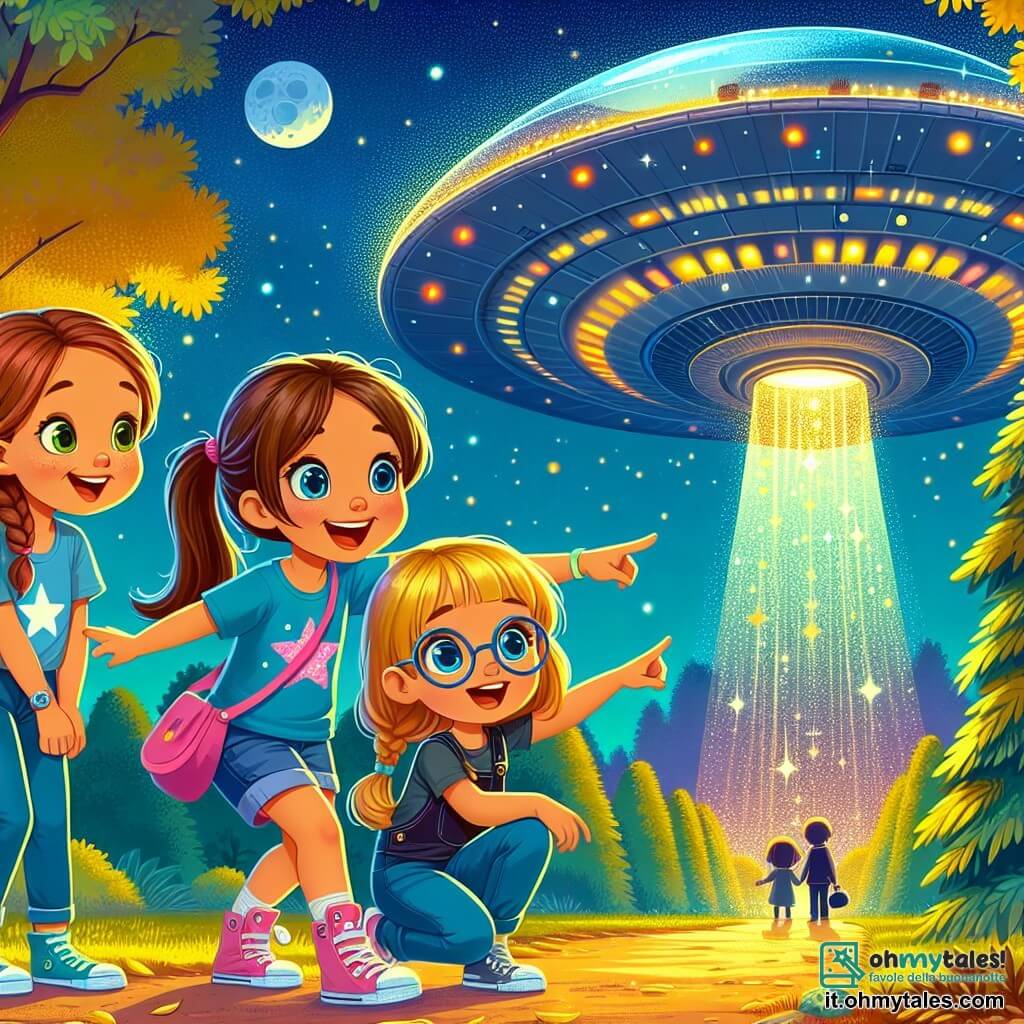 In primo piano, tre ragazze si tengono insieme, meravigliate dalla loro scoperta: - **Elisa**, 10 anni, ha lunghi capelli castani e occhi pieni di curiosità. Indossa una maglietta blu con un motivo di stelle e punta il dito verso l'astronave. - **Marta**, 9 anni, ha capelli biondi raccolti e occhiali rotondi. È leggermente in disparte, con le braccia incrociate e un sorriso di eccitazione sul viso. - **Chiara**, 10 anni, ha capelli castani e trecce. È accovacciata, esaminando una parte dell'astronave con un'espressione di meraviglia. Sullo sfondo, l'astronave scintillante, di forma circolare e metallica, è parzialmente nascosta da alberi verdi, con luci colorate che lampeggiano sulla sua superficie. Il cielo è di un blu profondo, punteggiato da leggere nuvole, e il terreno è coperto di foglie dorate, creando un'atmosfera magica. La scena principale mostra le ragazze che scoprono l'astronave extraterrestre, i loro volti illuminati dalla curiosità e dalla meraviglia, mentre si preparano a entrare in questa nave misteriosa, pronte per un'avventura intergalattica.