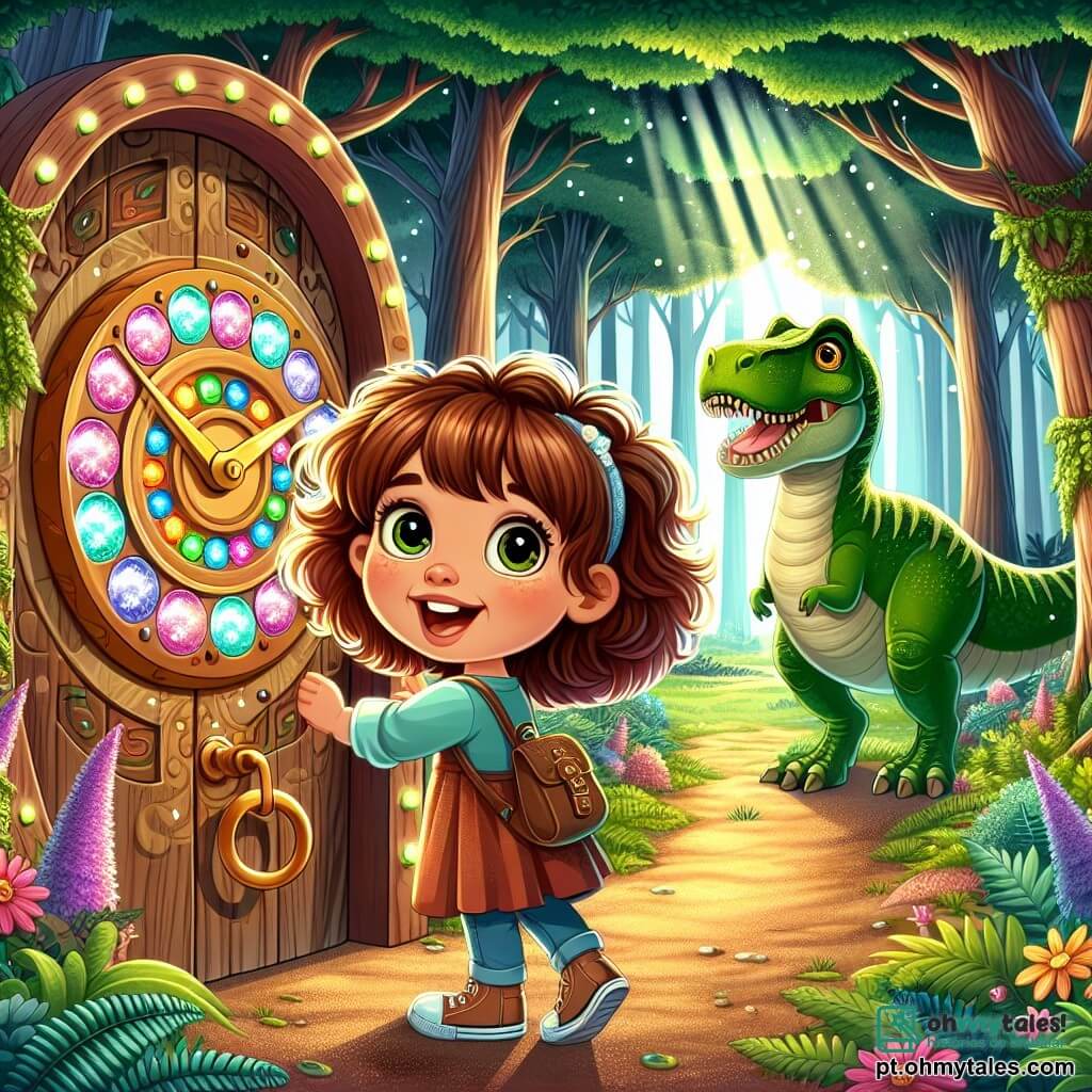 Uma menina de 4 anos, com grandes olhos brilhantes e cabelos cacheados castanhos, está em frente a uma porta mágica de madeira adornada com padrões coloridos. Ela expressa grande curiosidade e admiração, com um sorriso radiante no rosto. Ao lado dela, uma máquina do tempo, com botões multicoloridos e luzes cintilantes, parece vibrar de excitação. Ao fundo, um dinossauro Tyrannosaurus Rex, grande e majestoso, observa a menina com um olhar amigável. Suas escamas verdes e dentes brancos brilham sob o sol. O cenário é uma floresta exuberante, cheia de árvores gigantes e samambaias, com raios de sol filtrando através das folhas. Flores coloridas cobrem o chão, e se ouve o canto dos pássaros. A cena principal mostra a menina pronta para entrar na porta mágica, com um ar determinado e alegre, enquanto o dinossauro a observa com curiosidade, como se a encorajasse a viver uma nova aventura.