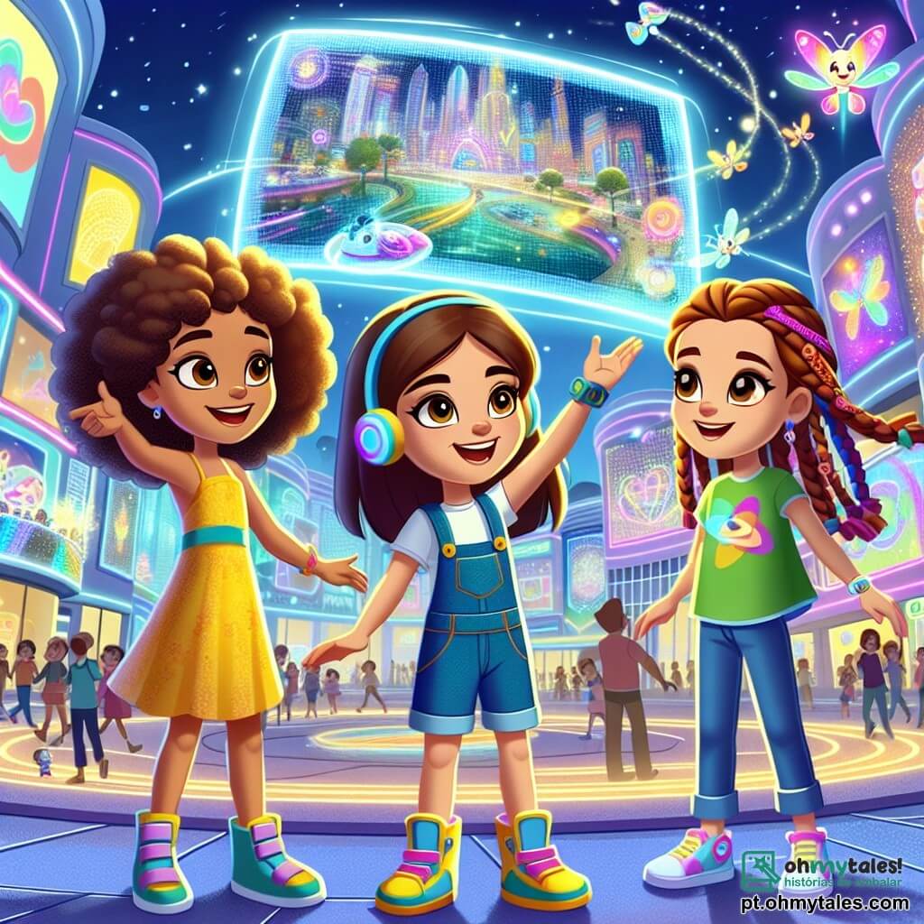 Três meninas, Lila, Mia e Nina, com cerca de 10 anos, estão no centro de uma praça movimentada em Lumiville. Lila, com cabelos cacheados e um vestido amarelo vibrante, sorri levantando os braços, cheia de energia. Mia, com cabelos lisos e castanhos, usa um macacão azul e observa uma grande tela holográfica com olhos maravilhados. Nina, com uma trança vermelha, veste uma camiseta verde e aponta para um Hover-Pet colorido que voa ao redor delas, um pequeno animal com asas brilhantes e corpo macio. A cena acontece em uma praça futurista, cercada por edifícios cintilantes em formas geométricas, iluminados por néons multicoloridos. Árvores luminosas e flores dançantes adicionam um toque de magia, enquanto carros voadores deslizam suavemente pelo céu azul. As meninas estão apresentando um jogo educativo em uma grande tela, convidando as crianças da cidade a aprender a proteger o meio ambiente enquanto se divertem. Risos e gritos de alegria ecoam no ar, criando uma atmosfera festiva e dinâmica.
