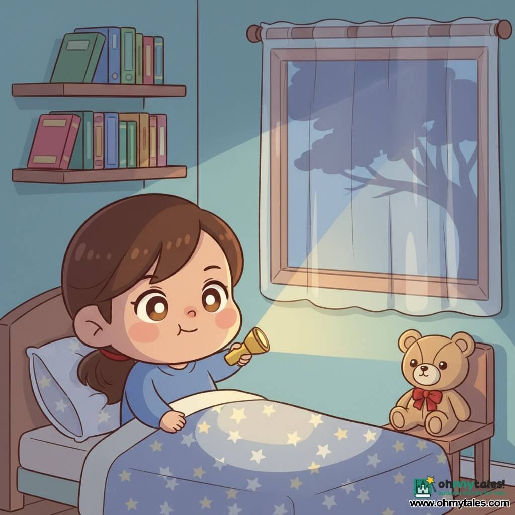 A 4-year-old boy with a round face, rosy cheeks and bright, slightly wide eyes looks shy but brave as he holds a small yellow flashlight that lights his face; his mother, about 30, brown hair tied, sits on the bed edge smiling reassuringly with her hand on the blanket; a small beige teddy with a red ribbon sits on a chair nearby; the small cozy bedroom has pastel blue walls, a bookshelf, a star-patterned blanket and a sheer curtain through which tree branches cast a shadow; the boy lies in bed pointing the flashlight at the window, the warm light revealing that the frightening shadow is just the tree, creating a gentle nighttime atmosphere with friendly contrasts of light and shadow.