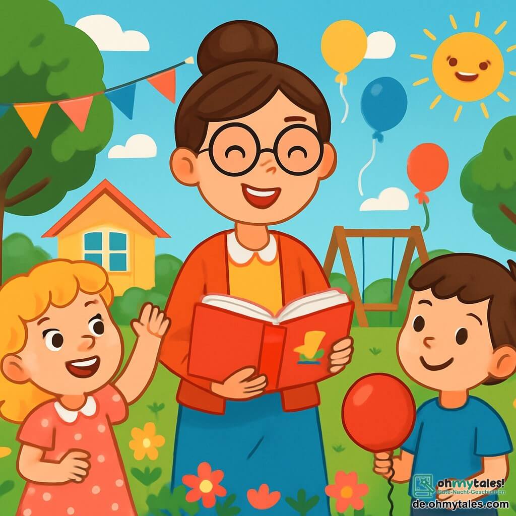 Eine lächelnde Lehrerin mit braunen Haaren im Dutt und runden Brillen steht im Zentrum des Schulgartens, umgeben von bunten Dekorationen. Sie hat ein strahlendes Gesicht voller Freude und Enthusiasmus und hält ein offenes Buch in ihren Händen. Rechts von ihr hebt ein 7-jähriges Mädchen mit lockigen blonden Haaren und einem rosa gepunkteten Kleid aufgeregt die Hand, bereit, ihre Geschichte zu teilen. Links von ihr lächelt ein 6-jähriger Junge mit braunen Haaren in einem blauen T-Shirt und hält einen roten Ballon, bewundernd zu seiner Kameradin schauend. Der Ort ist ein sonniger Schulgarten, gefüllt mit bunten Blumen, Holzspielen und aus Papier gebastelten Girlanden, die an den Bäumen hängen. Kinderlachen hallt in der Luft und schafft eine festliche, fröhliche Atmosphäre. Die Hauptsituation zeigt die Lehrerin und ihre Schüler, die im Kreis versammelt sind, um ihre Geschichten und Erinnerungen an ein Schuljahr voller Lernen und Lachen zu teilen, was einen Moment des Glücks und der Kameradschaft illustriert.