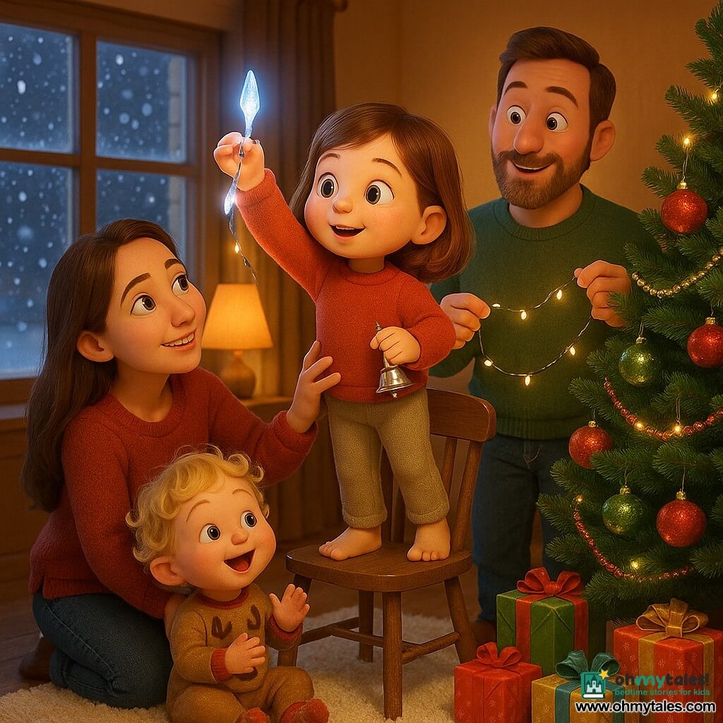 A 6-year-old girl with a round face, rosy cheeks, shoulder-length shiny brown hair and a gentle smile climbs a chair to place an icicle-shaped garland atop a tall, full dark-green Christmas tree while holding a small silver bell; a smiling kneeling mother (about 34), long brown hair and a red sweater, supports her at the waist; a standing father (about 36) with light beard and a green sweater holds the garland’s cord and watches proudly; a curly blond 3-year-old boy in reindeer pajamas sits on the cream rug clapping joyfully; the warm, bright living room has a cozy sofa, frosted windows with falling snow outside and colorful presents stacked by the tree; the tree is decorated with red and gold baubles and twinkling multicolored lights, the icicle garland at the top emits a soft glow and the bell gleams; composition centers on the girl with a slight low-angle perspective, warm interior lighting contrasts with the cool glow of the garlands, sharp textures and realistic details in a soft, rounded 3D animated children's style.