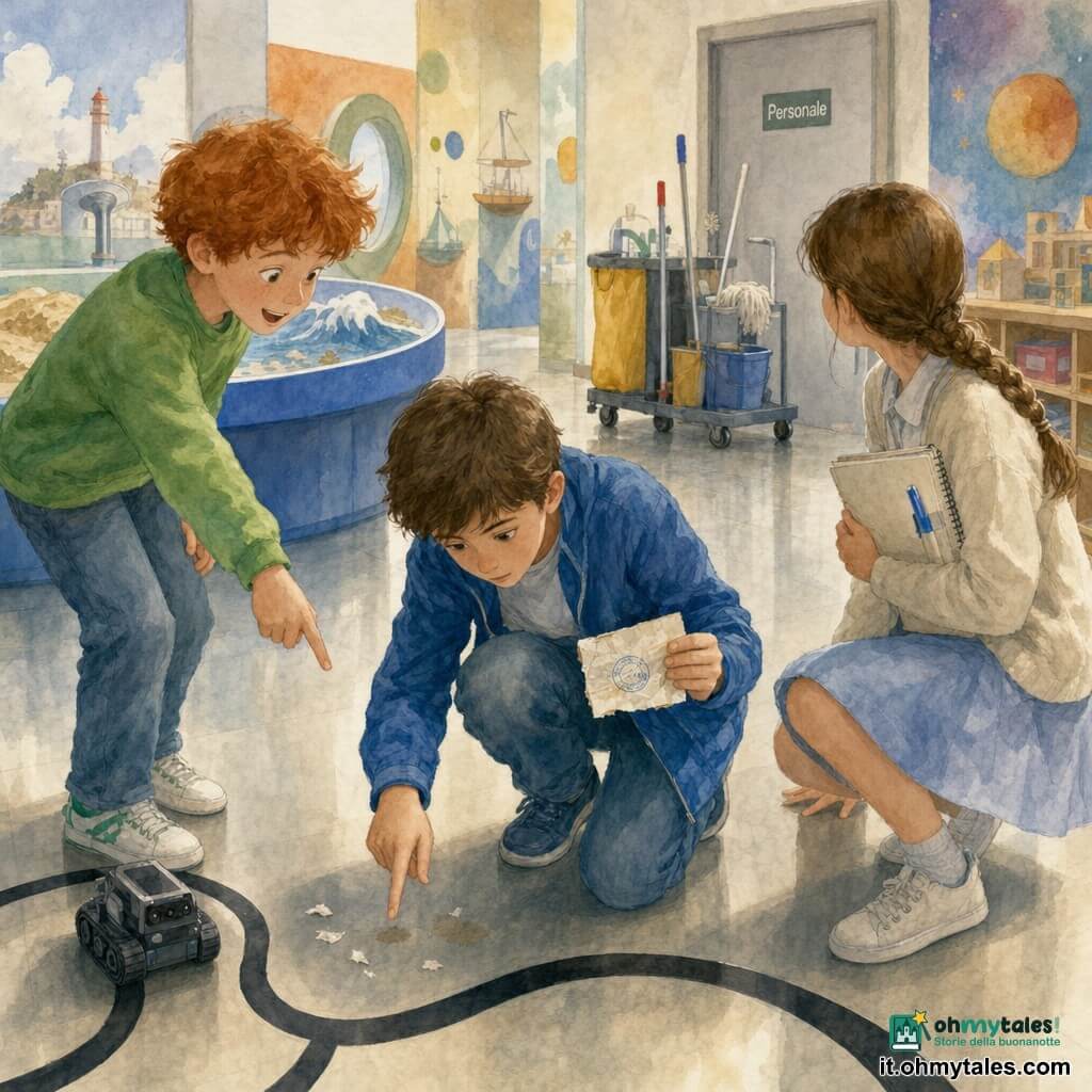 Tre bambini investigatori in un museo per bambini: un ragazzo di circa 11 anni, capelli castani corti, giacca blu e jeans, accovacciato al centro con uno sguardo concentrato mentre tiene un piccolo biglietto piegato nella mano destra e indica un indizio a terra; un ragazzo di circa 10 anni, capelli rossi spettinati, felpa verde, entusiasta a sinistra che indica una piccola traccia nera di robot sul pavimento; una ragazza di circa 12 anni, capelli castani in treccia, taccuino in mano e pennarello blu in tasca, in uniforme chiara a destra che guarda un carrello delle pulizie parcheggiato vicino a una porta “Personale”; interno di museo con luce soffusa, pavimenti piastrellati lucidi, pannelli colorati, tavolo interattivo con sabbia e onde sullo sfondo a sinistra e libreria bassa con scatole a destra; i tre ritrovano un biglietto stropicciato infilato sotto uno scaffale — scena di scoperta con emozione e riflessione, timbro blu parzialmente impresso, briciole di carta sulla traccia del robot e una piccola macchia di colla trasparente sul bordo del biglietto; stile acquerello morbido, colori pastello vivaci, pennellate testurizzate, ombre leggere, atmosfera calda e giocosa.